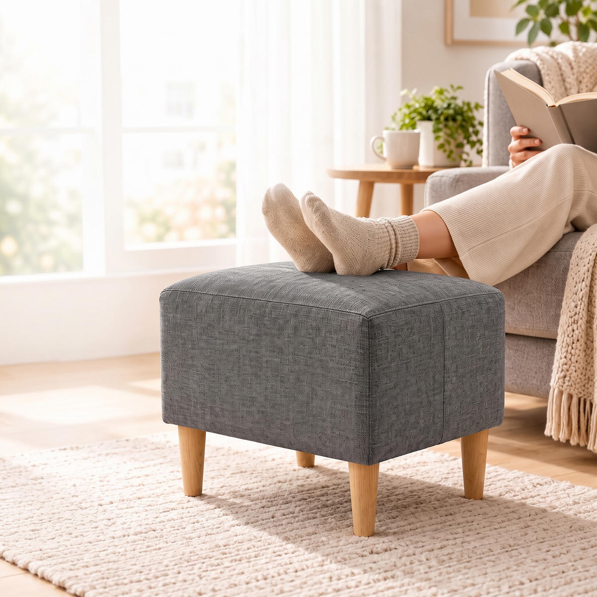 FUSSHOCKER Dunkelgrau gepolstert Holzfüße - Anthrazit, Holz/Textil (61/42/41cm) - Relaxdays