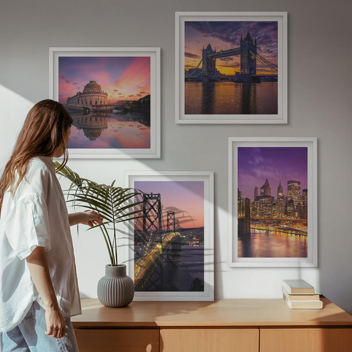 WANDBILDER 4er-Set - 50x50 cm & 40x60 cm Weißer Rahmen - Brücken, Sonne, Stadtblick - Weiß, Kunststoff (50/50cm) - ArtPrintCave