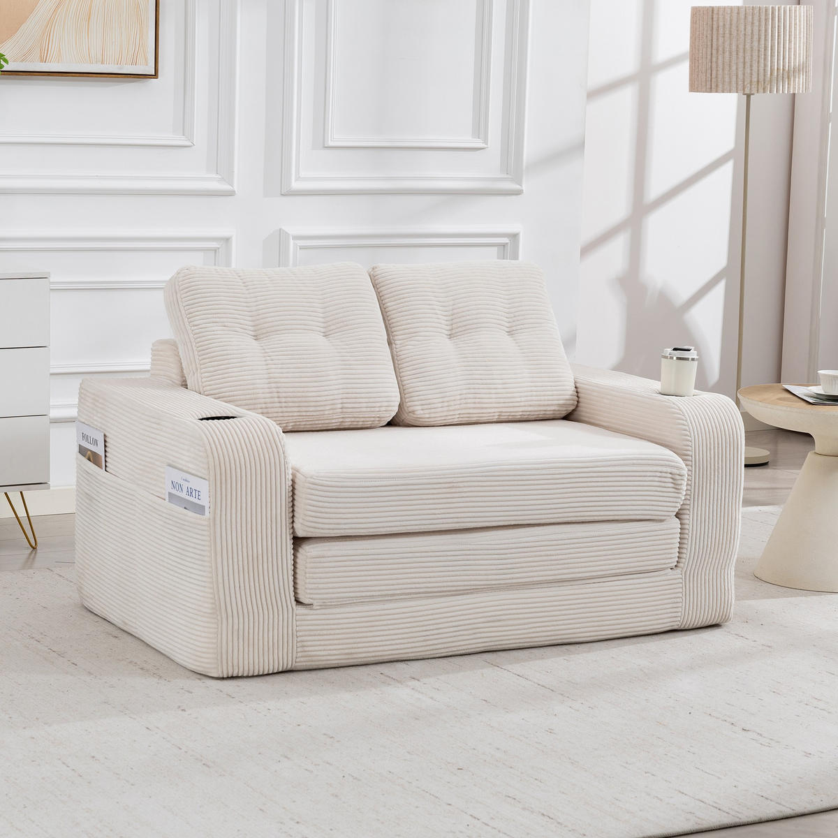 SCHLAFSOFA 2-Sitzer Sofa mit 2 Zierkissen,Lounge Sofa,Polstersofa,Cord,Beige - Beige, Textil (136/82.5/80cm) - LVHOM