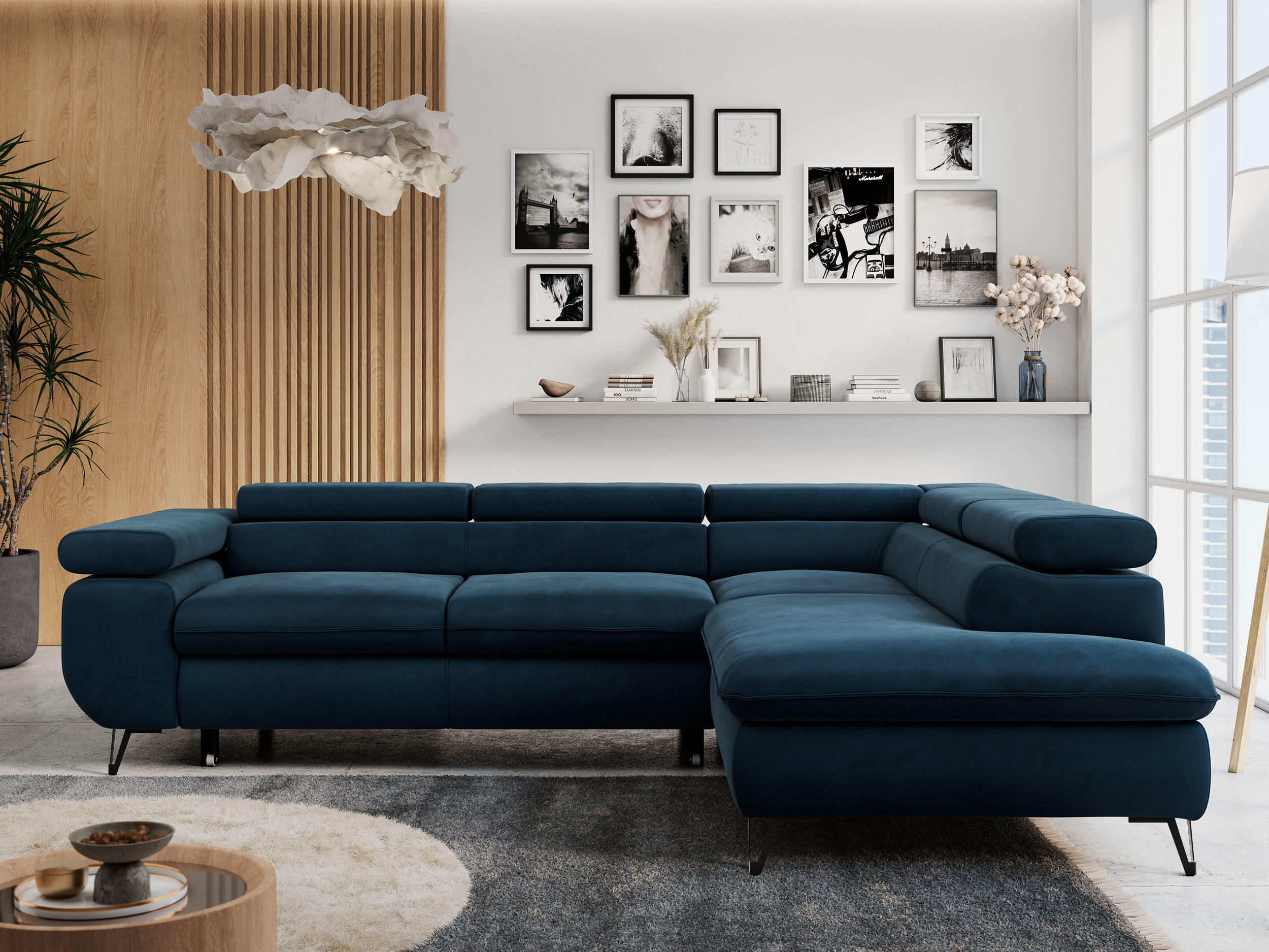 ECKSOFA PETER L Dunkelblau Velvet - Rechts Seite - Schwarz/Dunkelblau, Textil/Metall (273/208cm) - MKS