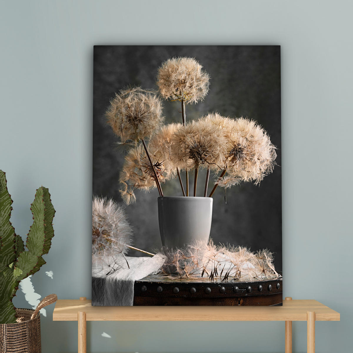 LEINWANDBILD Blumensamen - Löwenzahn - Vase - Stilleben - Blumenstrauß 60x80 cm - Dunkelgrau, Textil (60/80cm) - MuchoWow