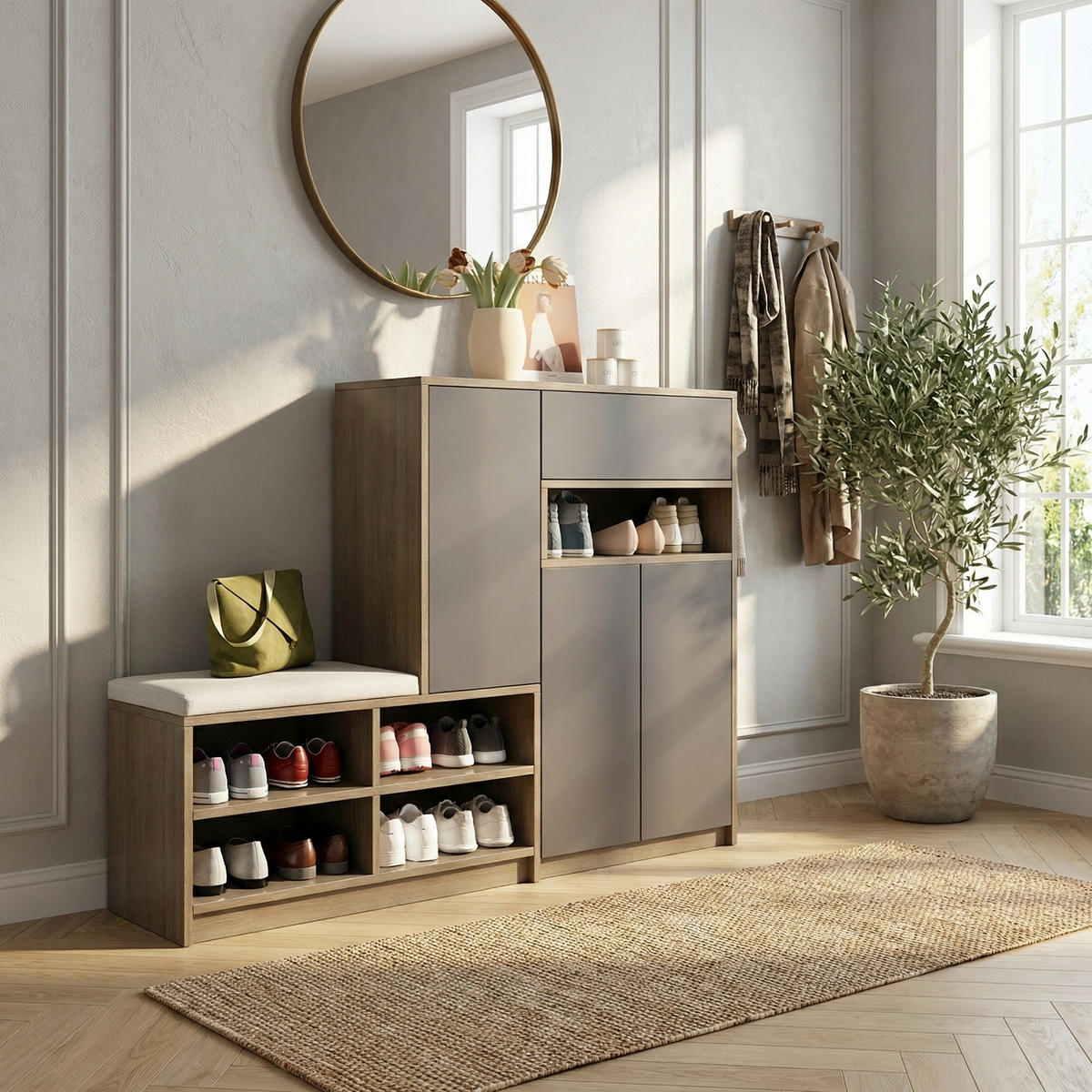 SCHUHSCHRANK in Grau mit Sitzkissen & grifflosen Türen - Grau, Holzwerkstoff (140/110/35cm) - Urban Meuble