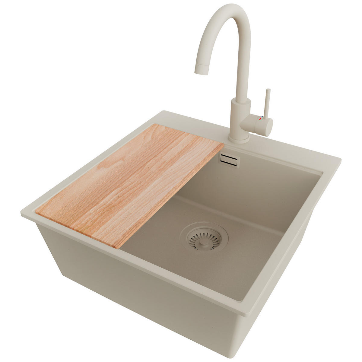 GRANITSPÜLE Oslo, 2-er set Beige 48/50 cm 1 Becken + Küchenarmatur 32/20 cm + Ablauf-Set + Schneidebrett ab 50er Unterschrank - Beige, Kunststoff (48/20/50cm) - Primagran