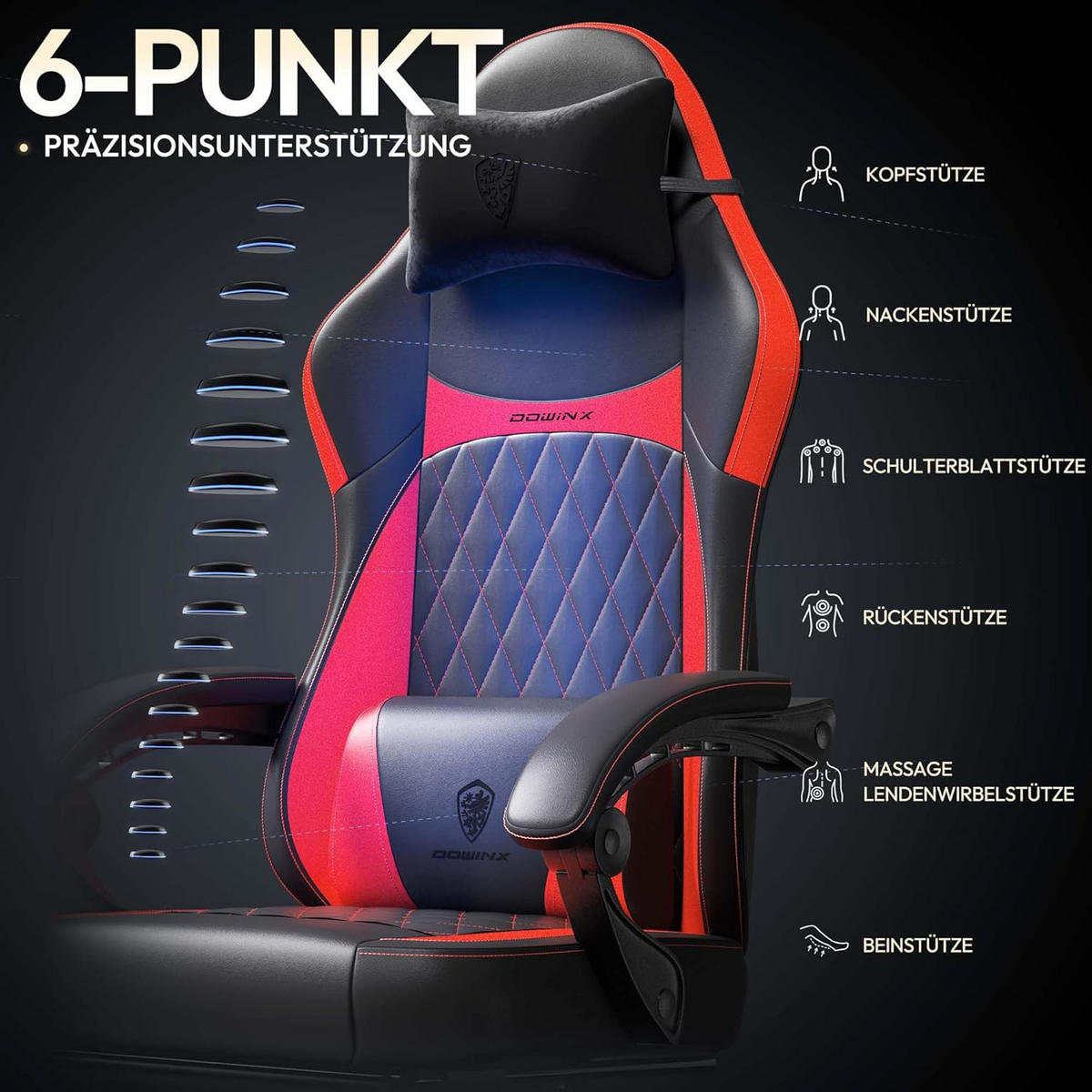 GAMING-STUHL ergonomischer mit Lendenwirbelstütze, Fußstütze, PU-Leder - Rot, Leder (65/127/63cm)