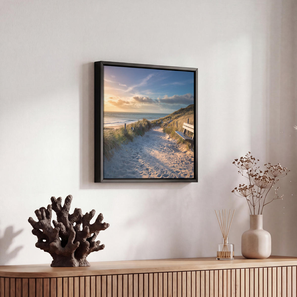 LEINWAND Bilder mit Rahmen - Sonnenuntergang - Strand - Düne - Gras - Ufer - 20x20 - Sandfarben, Textil (20/20cm) - MuchoWow