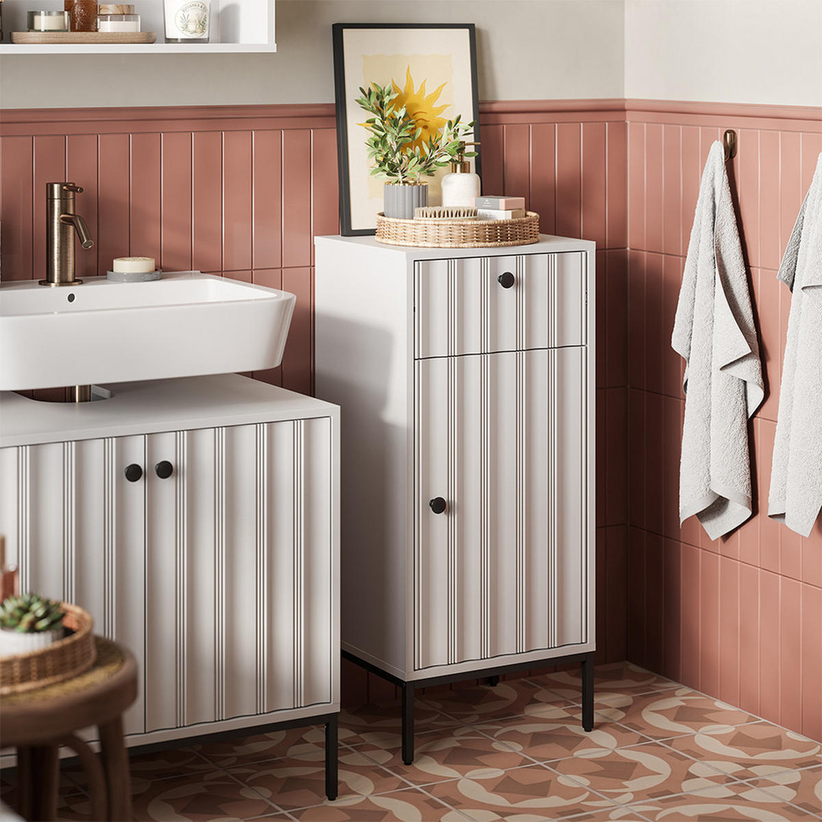 BADMÖBEL-SET Eliza Weiß Riffel 3 Teile - Weiß, Holzwerkstoff (70/65/45cm) - Vicco