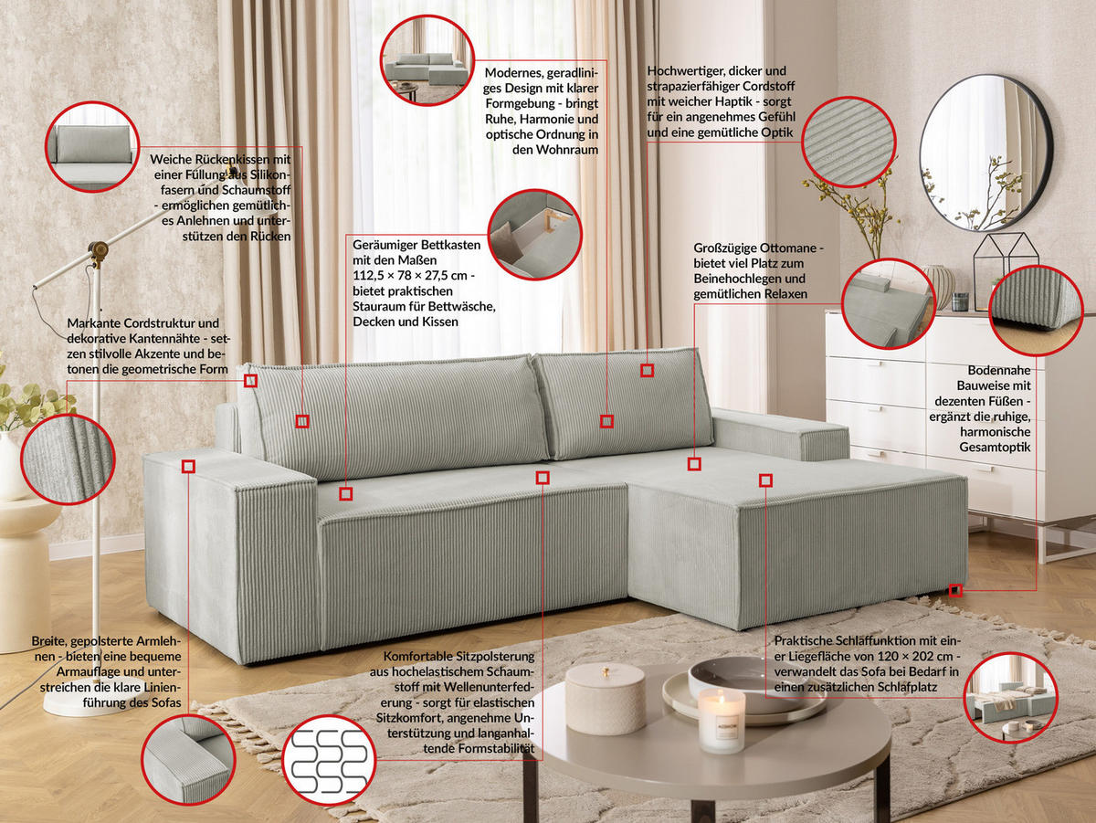 ECKSOFA Rivio mit Schlaffunktion und Bettkasten, Cordstoff Taupe - Taupe/Schwarz, Holz/Kunststoff (262/149cm) - S-Style