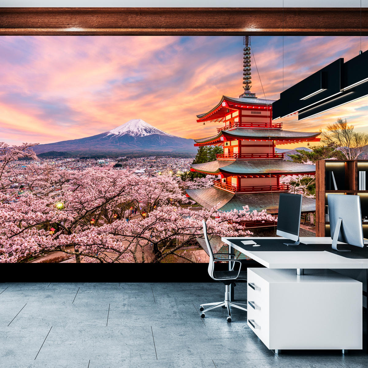 FOTOTAPETE für Wohnzimmer Japanische Pagode Frühling Sonnenuntergang 150x105 - Rot/Violett, Papier (150/105cm) - Muralo