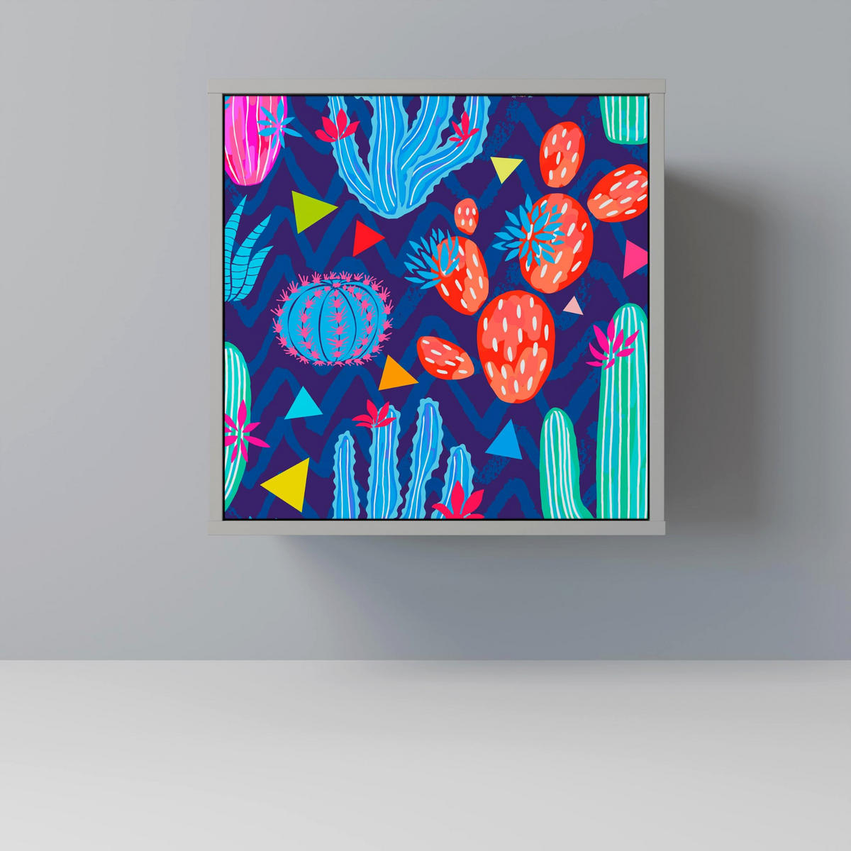 SIDEBOARD CACTUS VIBES, Grau, 57,5x42x77,5 cm, Schräge Buchenholzfüße - Buchefarben/Multicolor, Holzwerkstoff/Buchenholz (57.5/77.5/42cm) - SpaceRebels