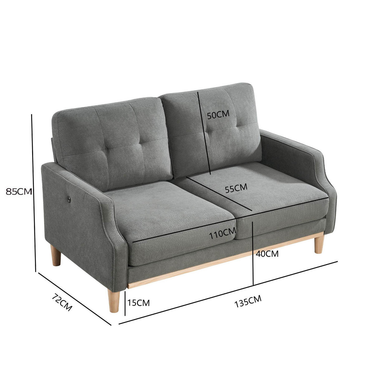SOFA 2-Sitzer mit USB-Anschluss Stoff Dark Gray - Dunkelgrau, Holzwerkstoff (135/85/72cm) - Meubliv