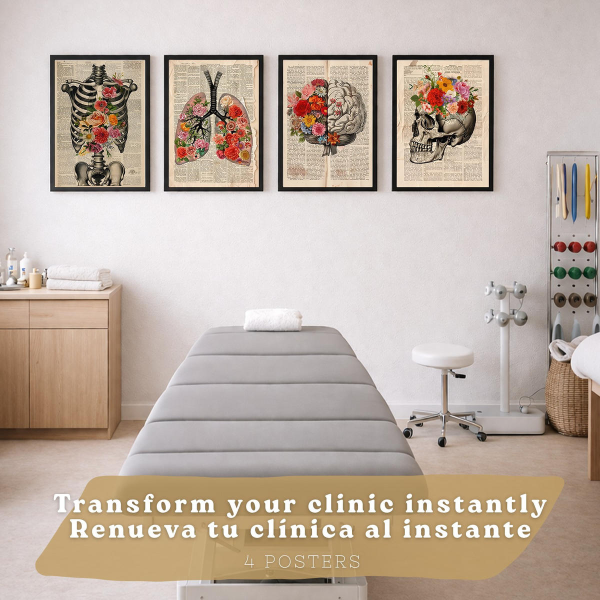 POSTER Set aus 4 Vintage Anatomie und Wandbilder mit Rippen Wirbelsäule Lungen Luftröhre Bronchien Gehirn und Schädel Größe Schwarzer Rahmen A4 - Schwarz, Papier (21/29.7/3cm) - Nacnic