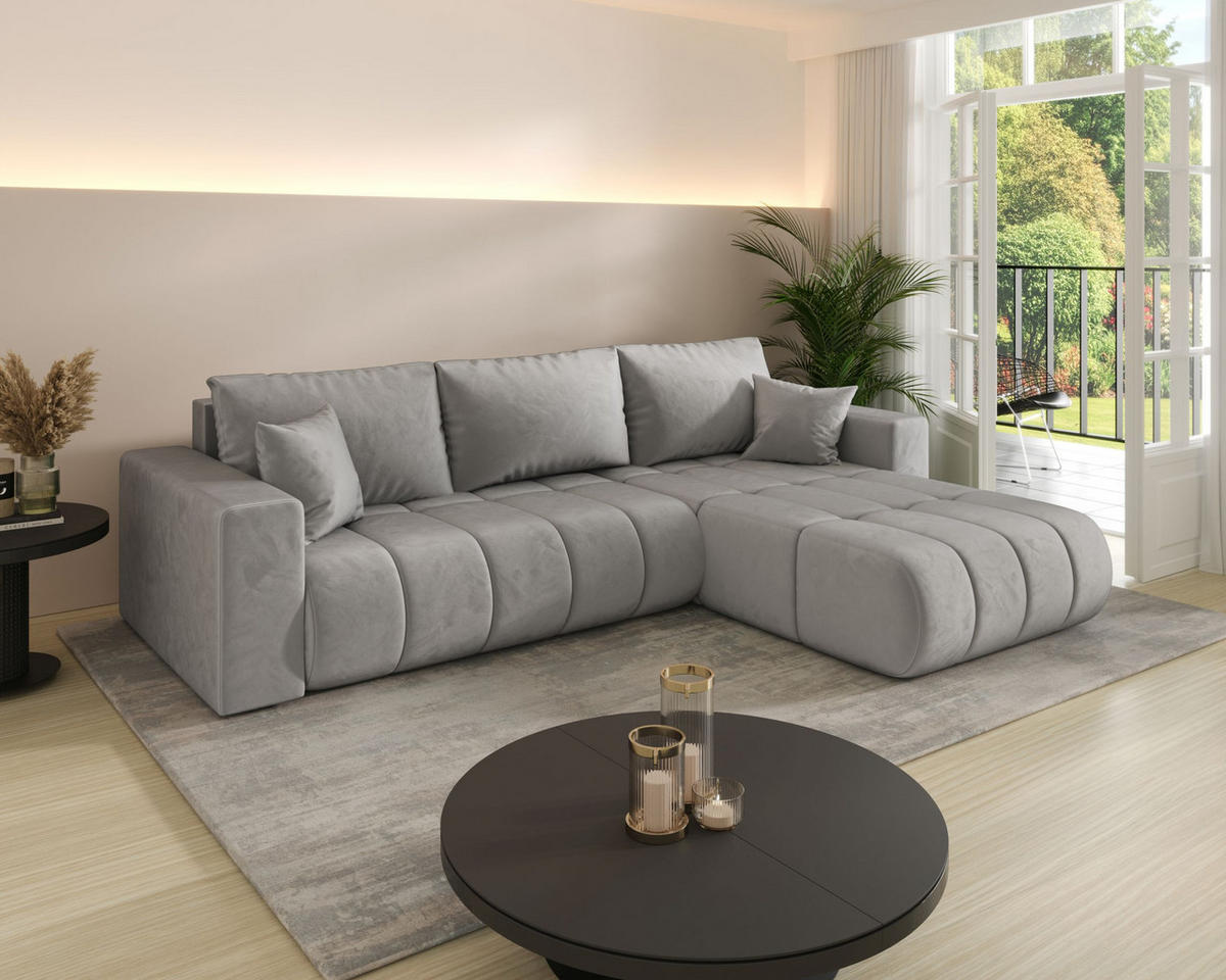 ECKSOFA LARA PREMIUM rechts hellgrau Velours Monolith 84 - Schlaffunktion, Bettkasten - Hellgrau, Textil (280/174cm) - Cornero