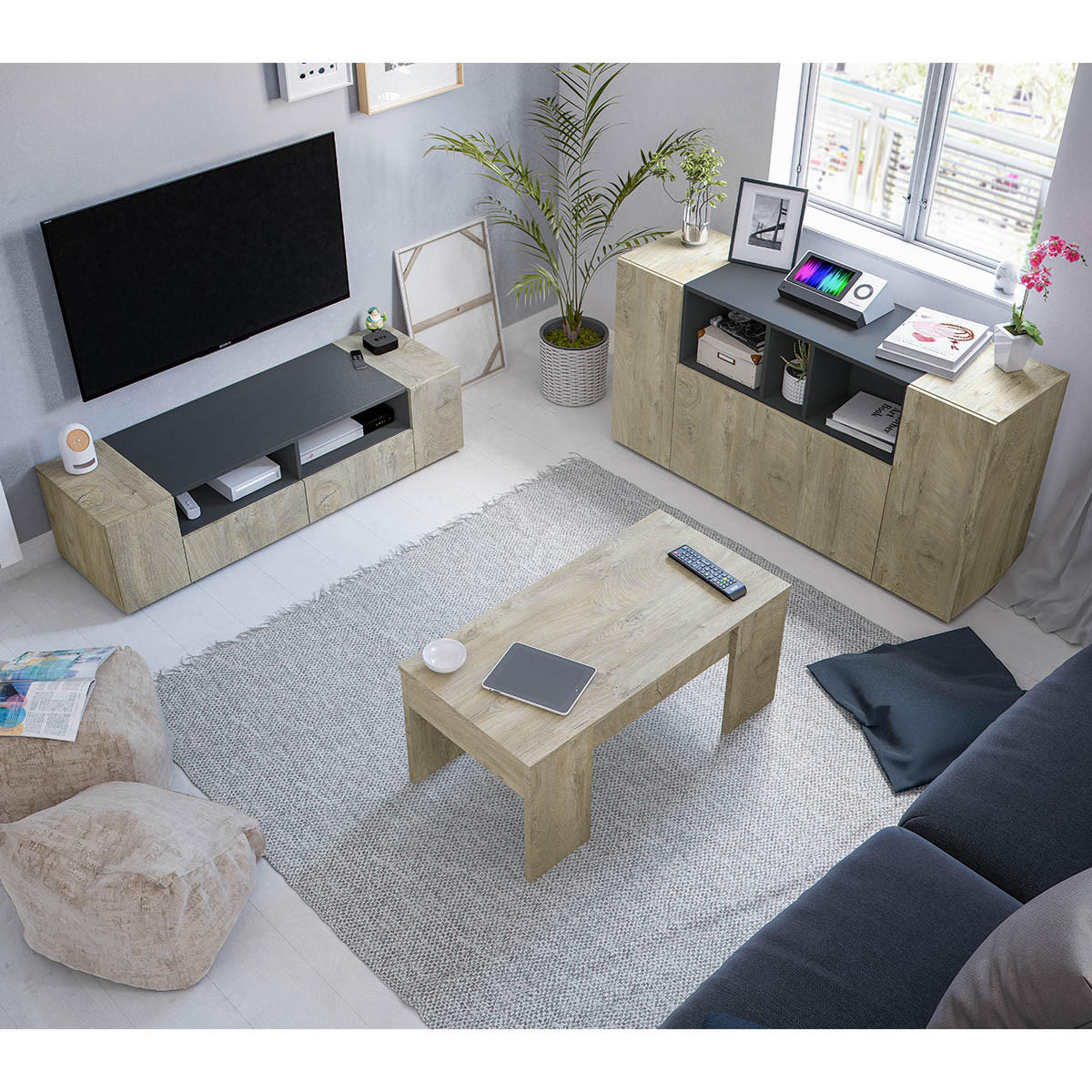 SIDEBOARD mit 3 Türen, davon 1 Flügeltür und 3 Nischen Tamiko - L150cm - Eiche Artisan/Grau, Holzwerkstoff (41/76/150cm) - Calicosy