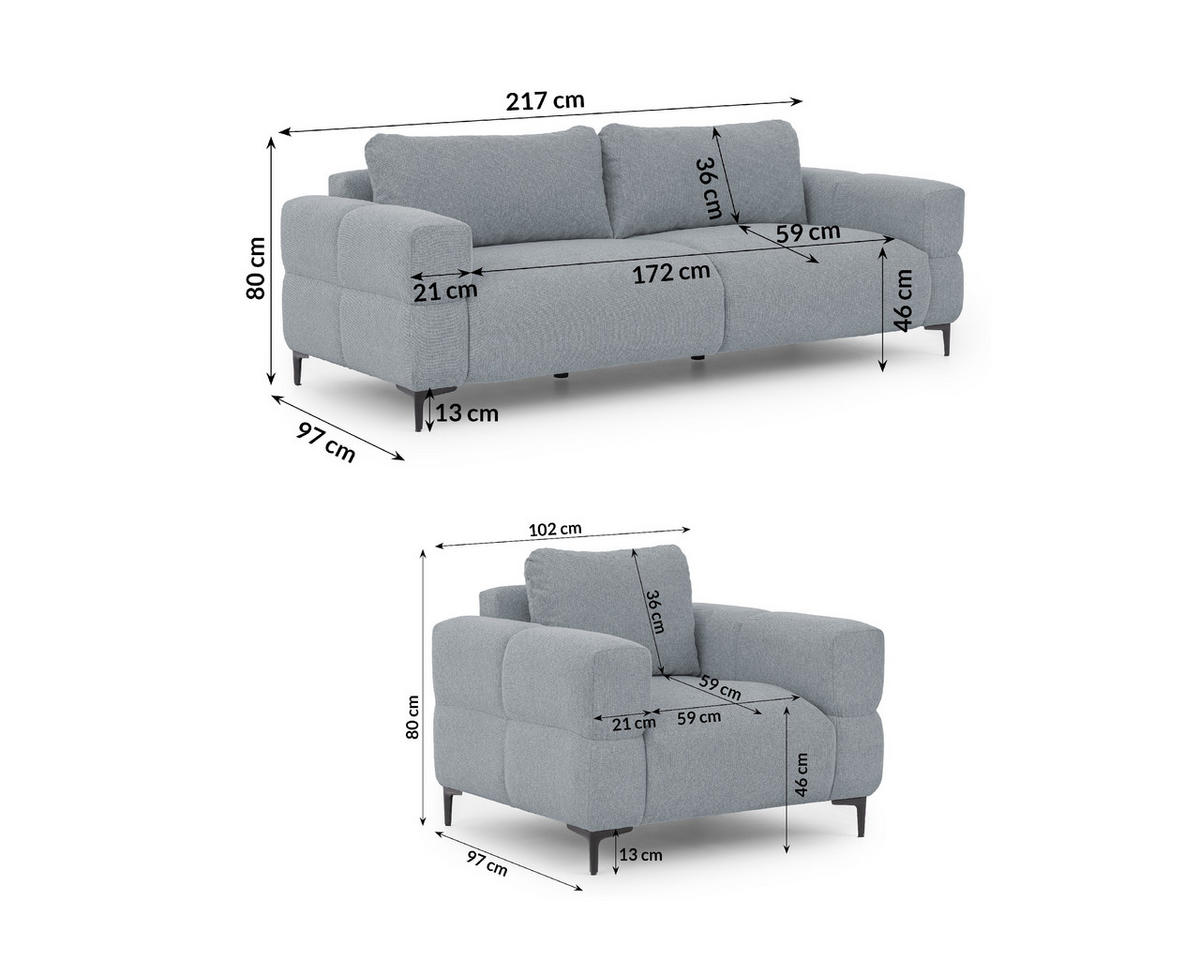 SITZGARNITUR 3+1 Cardea in Bubble-Optik aus weichem Grau Strukturstoff mit hohem Sitzkomfort - Schwarz/Grau, Holz/Textil (217/80/97cm) - S-Style Möbel