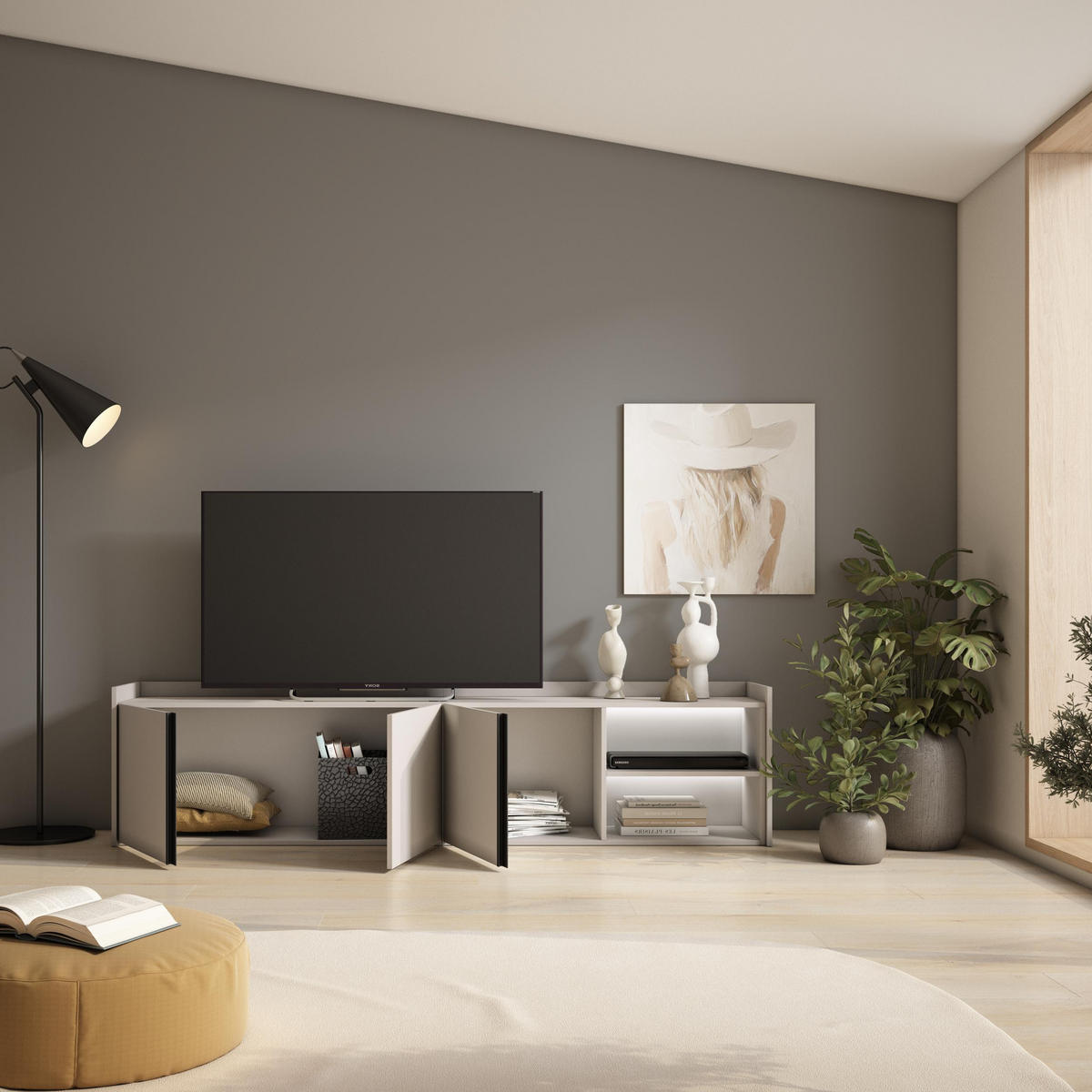 LOWBOARD, Beige, 207/35/50cm, mit Led - Beige, Holzwerkstoff (207/50/35cm) - Skraut Home