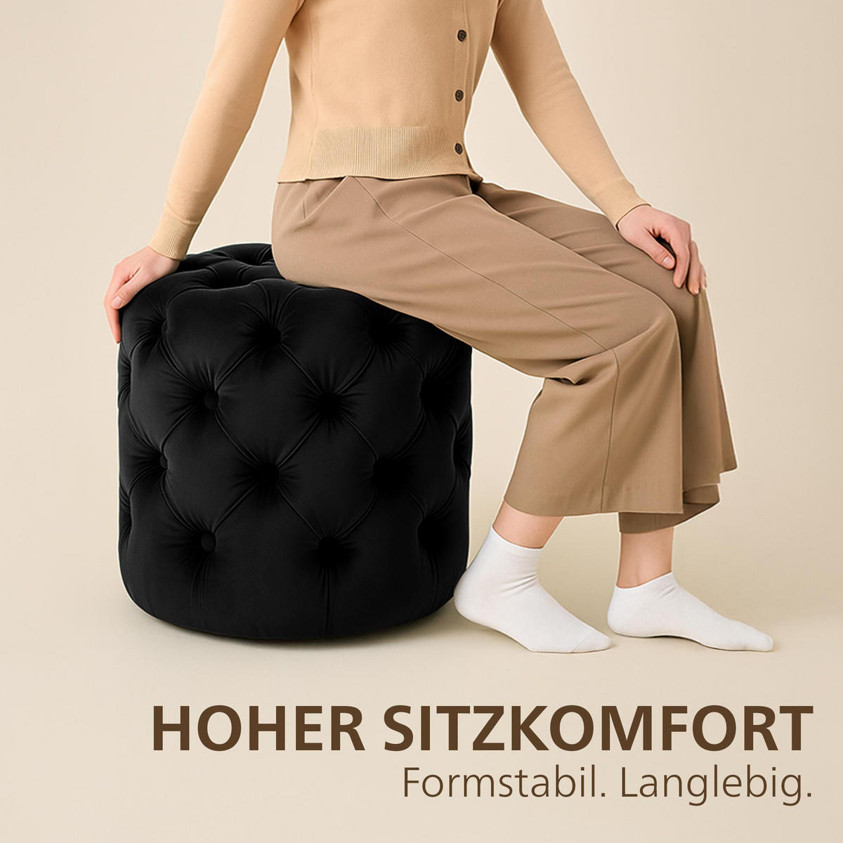 SITZPOUF rund Samt Schwarz - Eukalyptusholzfarben/Schwarz, Holz/Textil (42/46/42cm) - CLP