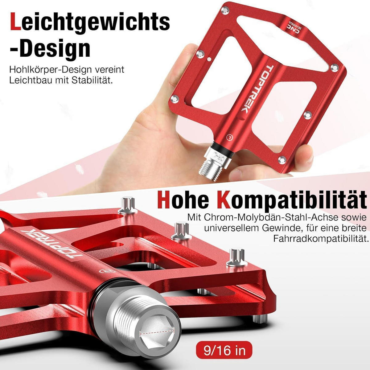 FAHRRADPEDALE Set CNC Aluminium Rot 9/16 Zoll - Rot, Metall (10.2/1.5/12.5cm)