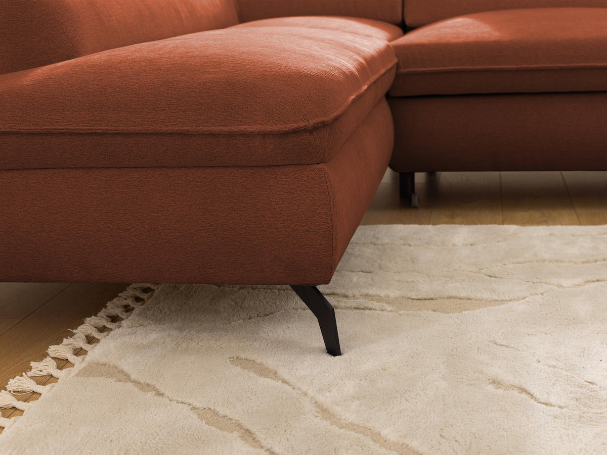 ECKSOFA mit Schlaffunktion und Bettkasten Bonnie aus Terrakotta Chenille-Stoff mit verstellbaren Kopfstützen und Armlehne - Ottomane links - Terracotta/Schwarz, Holz/Textil (275/210cm) - S-Style Möbel