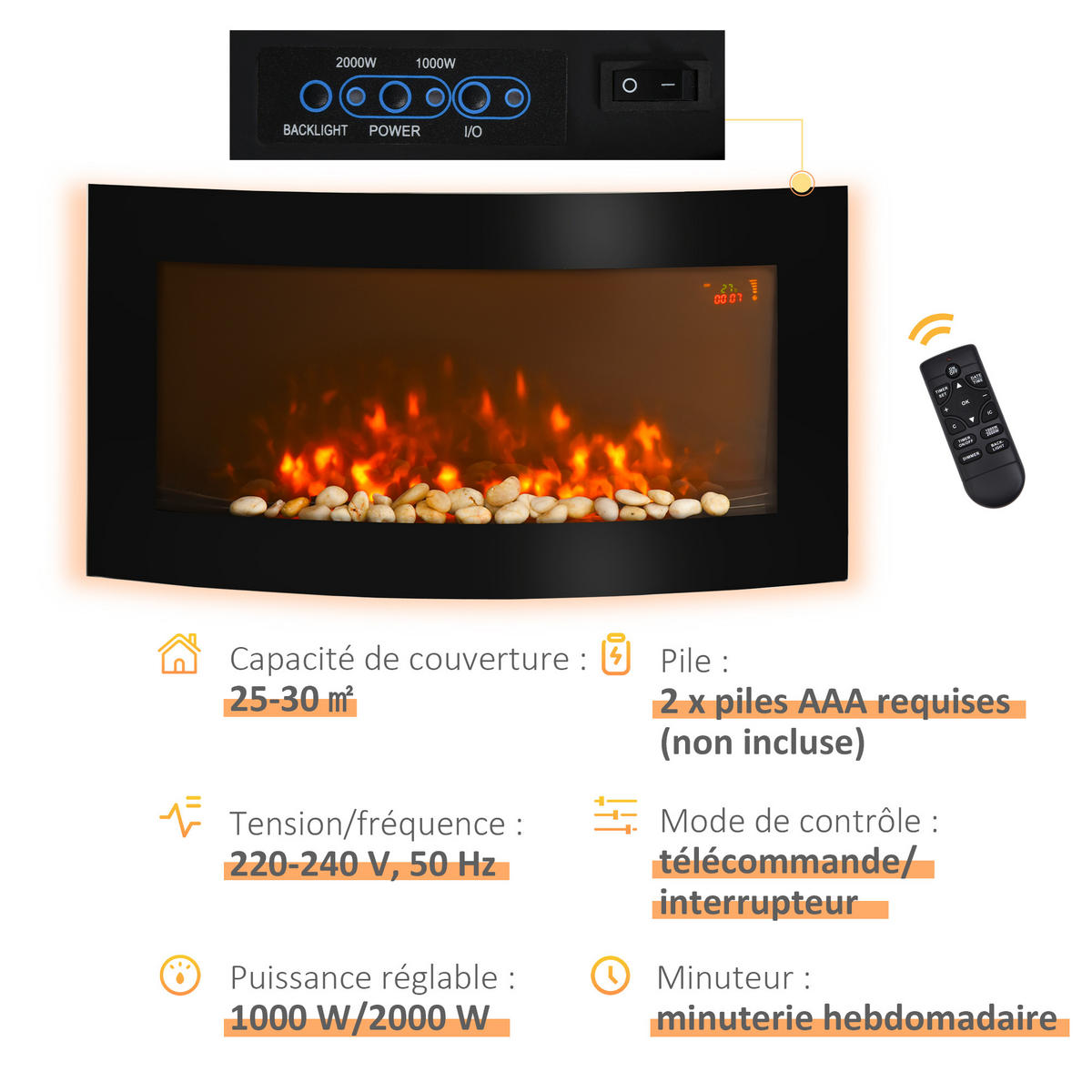 ELEKTROKAMIN DE-17005 LED Seitenbeleuchtung 7 Farben Schwarz - Schwarz, Metall (89.2/48/13.5cm) - ComfortXL