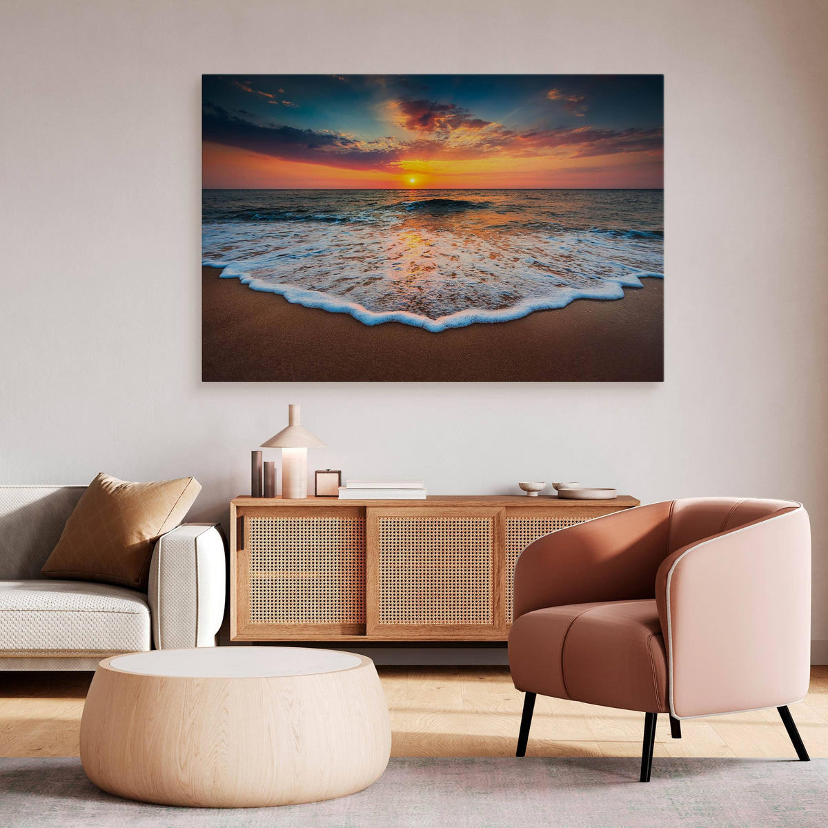 LEINWANDBILD Sonnenuntergang am Meer Landschaft 3D 120x80 - Blau/Beige, Textil (120/80cm) - Muralo