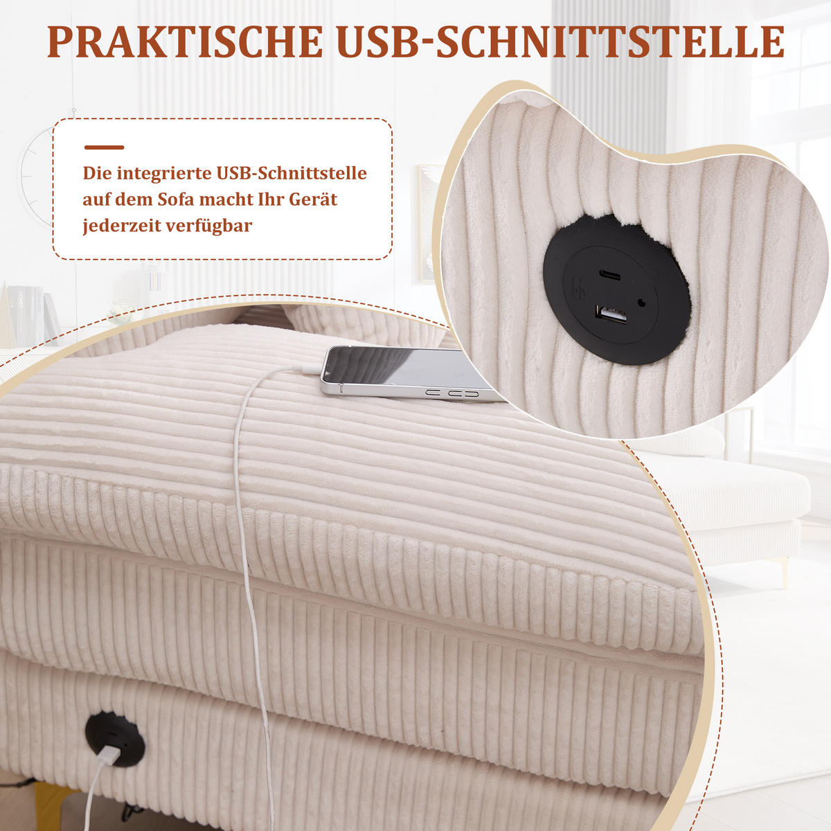 U-FORM Wohnlandschaft Samt mit LED und USB-Anschluss 265/135/88 cm Beige - Beige, Textil (135/88/265cm) - Redom