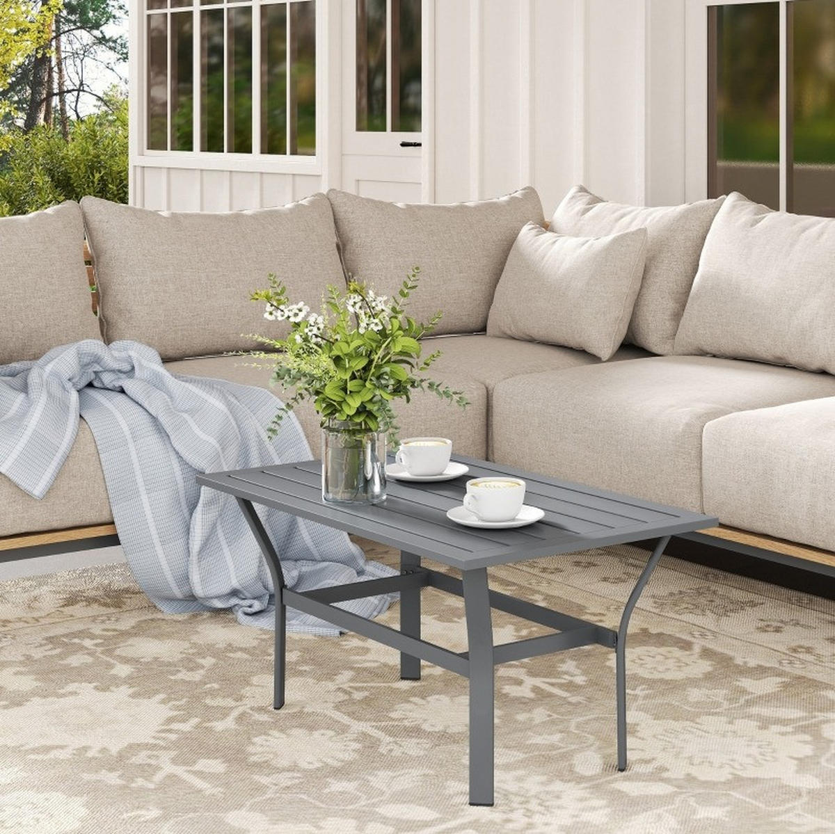 GARTEN-BEISTELLTISCH 91,5/55/45 cm aus Metall mit Latten-Design und wetterfester Oberfläche, Dunkelgrau - Naturfarben, Metall (91.5/55/45cm) - Redom