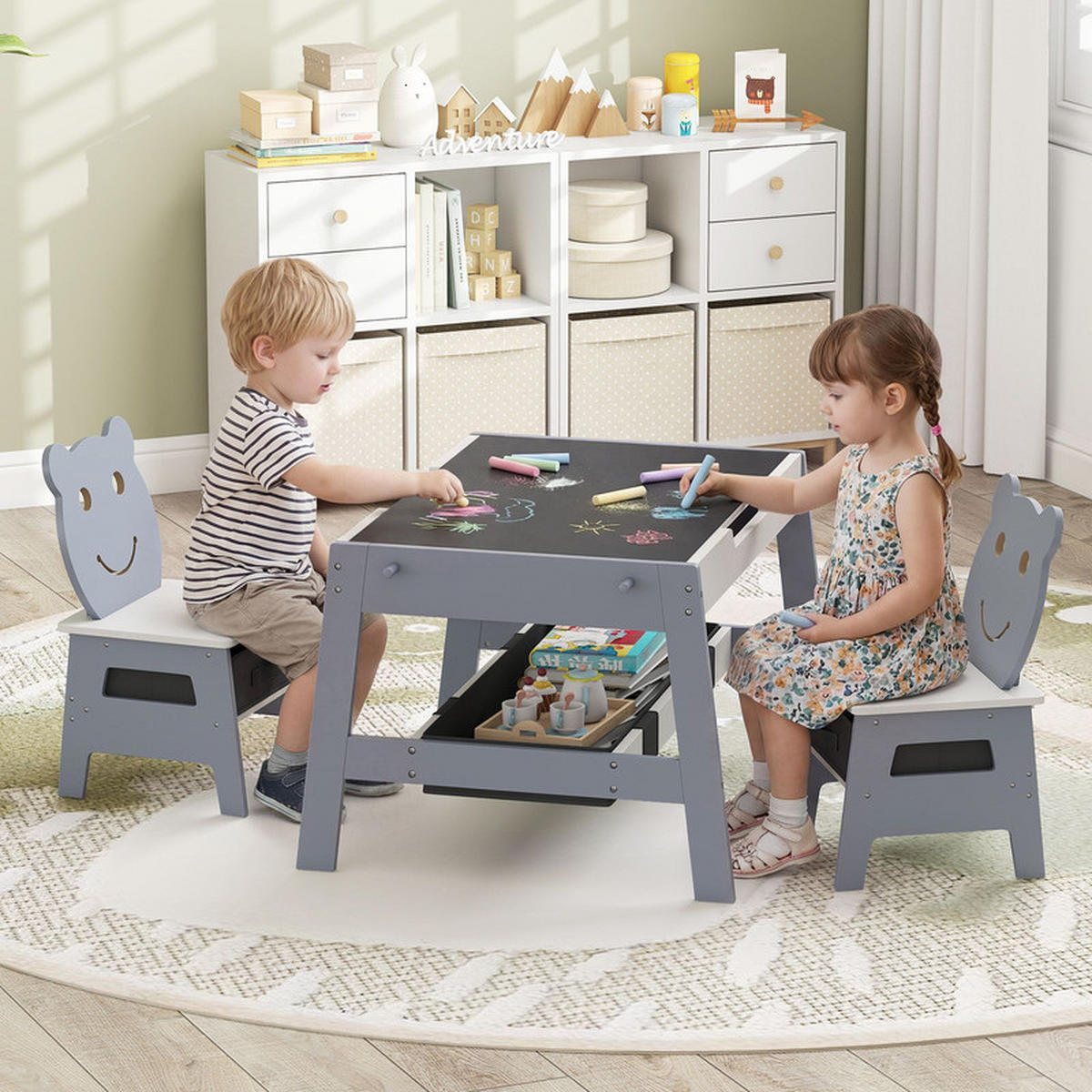 KINDERTISCH mit stuhl grau(3-tlg) - Grau, Holzwerkstoff (70/45/60.5cm) - COSTWAY