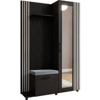 GARDEROBE Linaro mit Spiegel, Sitzbank in Lamellen-Optik 137/207/42 cm, Links - Schwarz, Holzwerkstoff (137/207/42cm) - WFL GROUP
