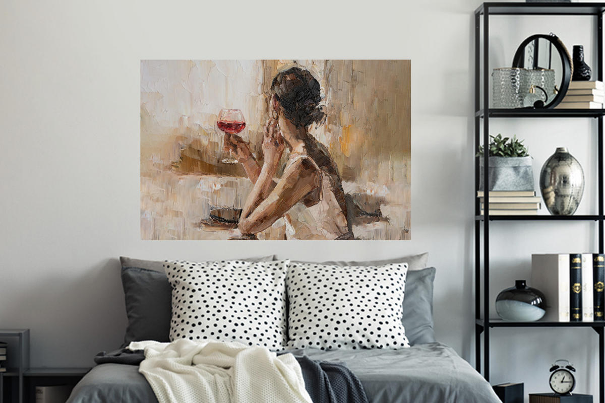 WANDTATTOO Ölgemälde - Frau - Wein 120x80 cm - Hellbraun, Kunststoff (120/80/0.1cm) - MuchoWow
