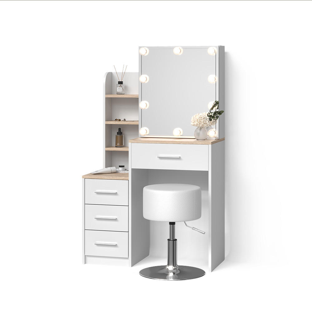 SCHMINKTISCH Loreta Weiß/Sonoma mit LED Beleuchtung und Hocker - Weiß/Sonoma Eiche, Holzwerkstoff (80/131.6/36cm) - Livinity®