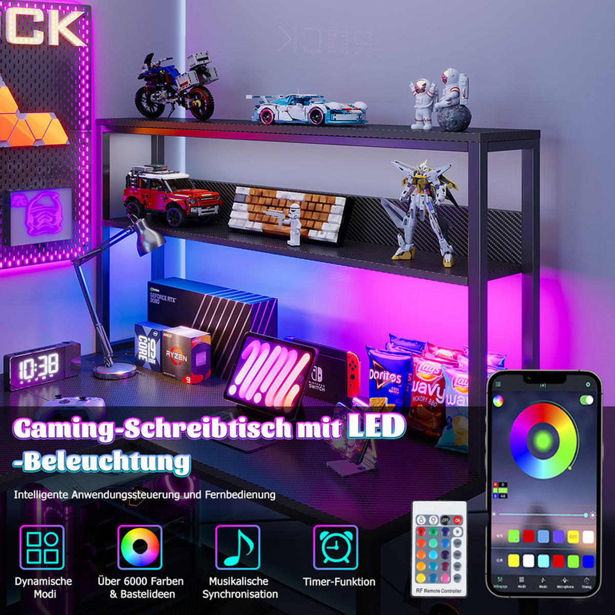 GAMINGTISCH L-förmig mit LED, 148 x 100 x 75 cm, großer Eck-Computertisch mit Stauraum, mit Monitorständer, 2 Steckdosen und USB, 3 Schubladen - Schwarz, Metall (150/48/75cm)