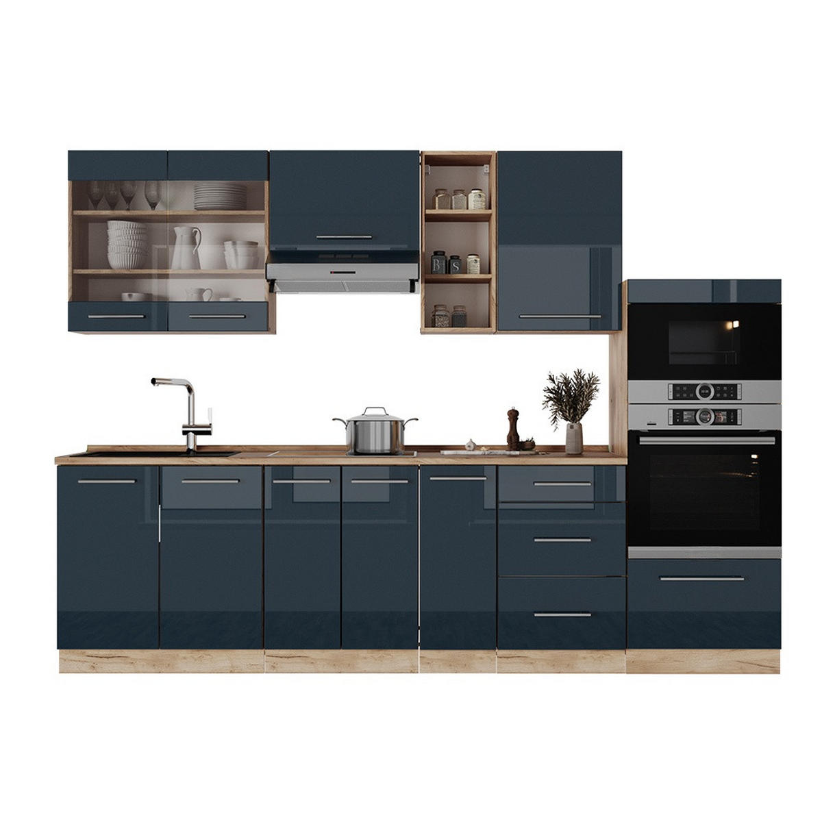 KUHINJSKI BLOK Fame-Line Temno modra barva visokega sijaja/zlati hrast 280 cm , DP Antracit - medeni hrast/temno modra, leseni material (280/153.6/60cm) - Vicco