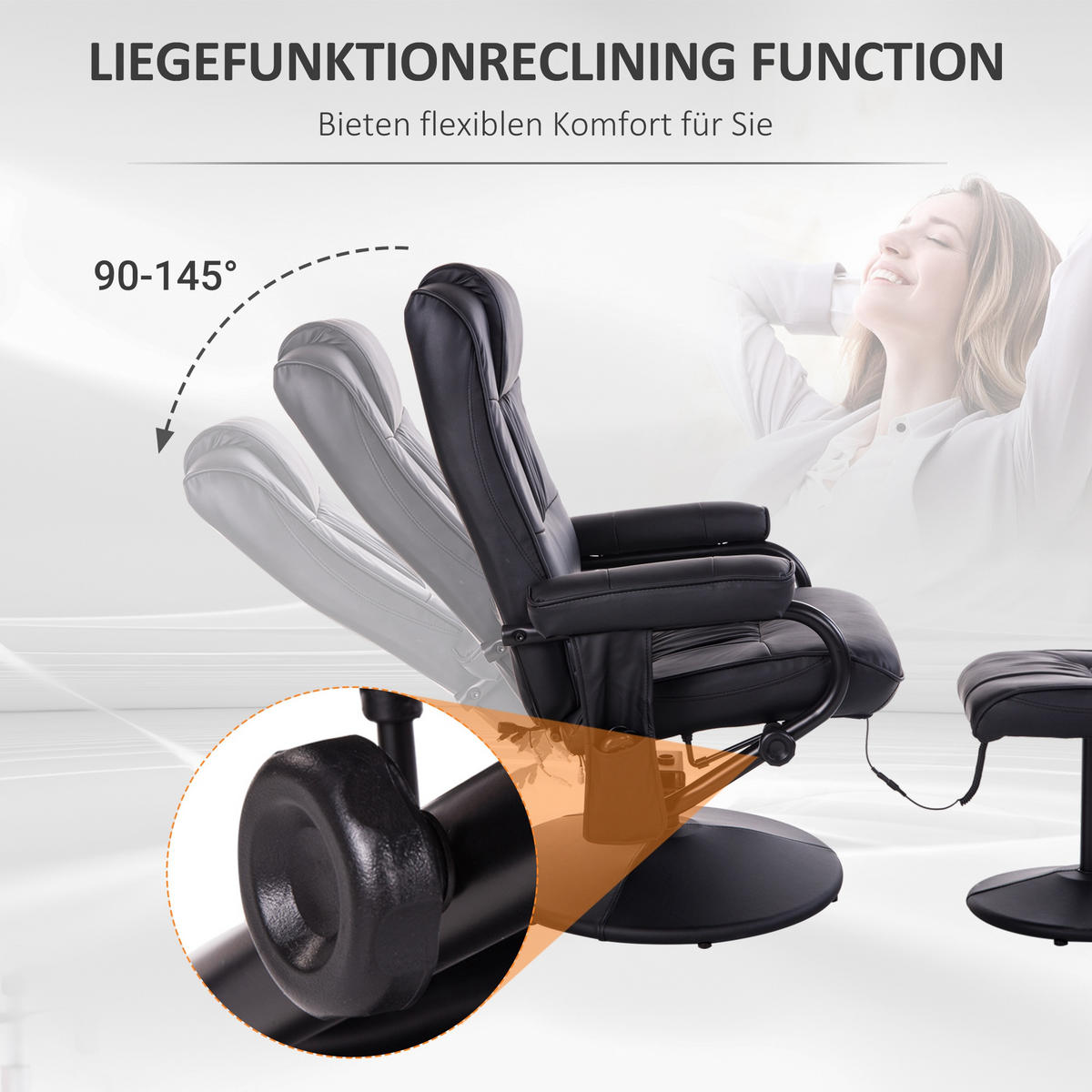 MASÁŽNÍ KŘESLO se stoličkou, relaxační křeslo s funkcí ležení, masážní funkce, černé - černá, kov/plast (84/95/77cm) - HOMCOM