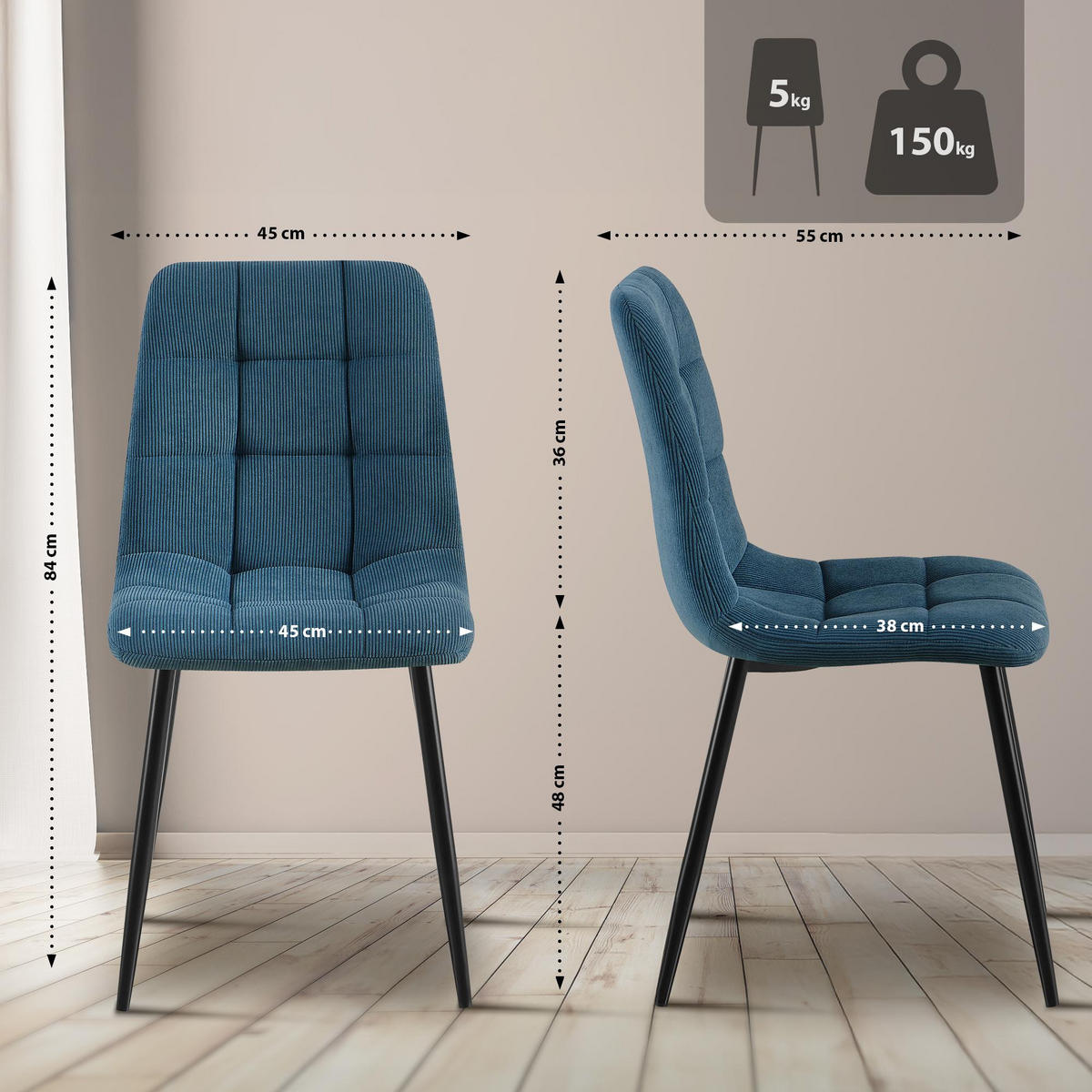 ESSZIMMERSTUHL 2er Set Fanor Cord Blau Wohnzimmerstuhl - Blau, Textil (45/84/55cm) - DELUKE