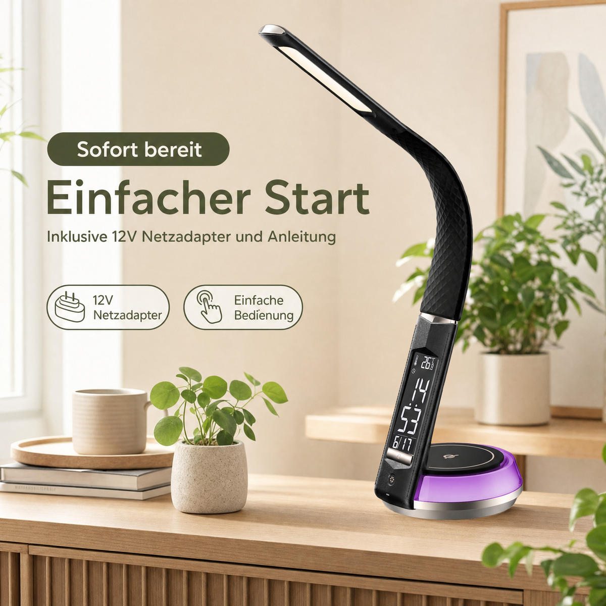 LED-SCHREIBTISCHLAMPE - mit QI-Ladestation, Touch-Dimmer und integrierter Uhr für angenehme Beleuchtung, Schwarz - Schwarz, Kunststoff (13.7/13.7/54.5cm) - Northpoint