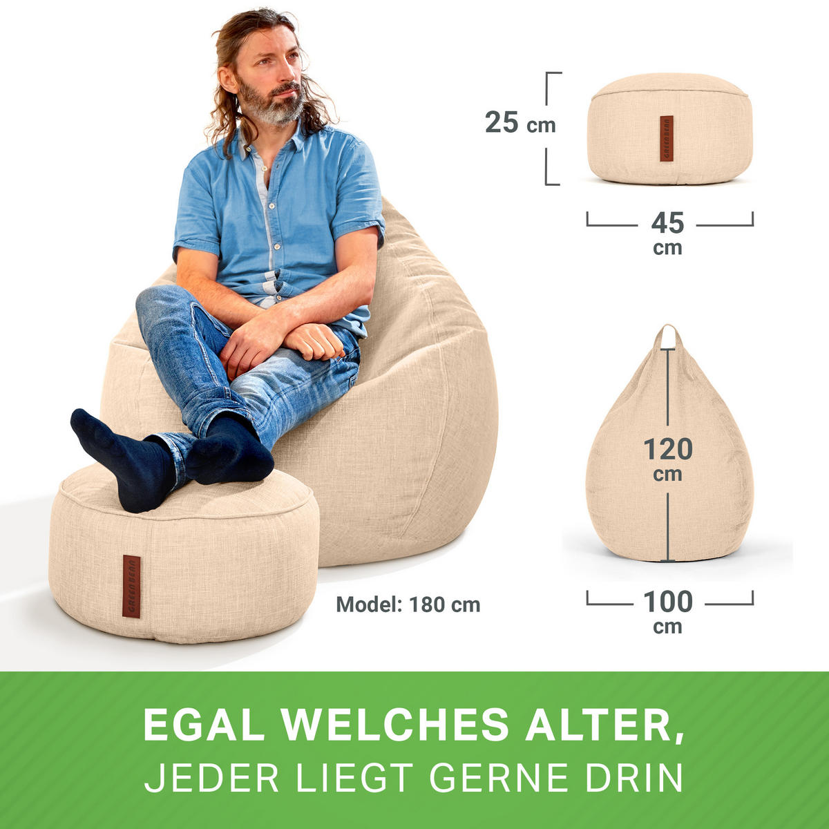 XXL-SITZSACK Indoor "Home Linen“+Hocker - Beige, Textil (100/120/50cm) - Green Bean