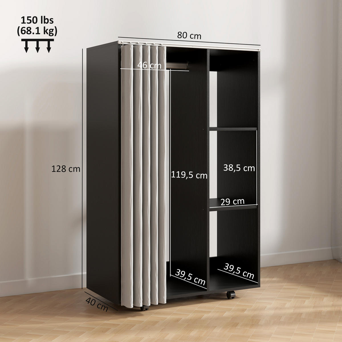 KLEIDERSCHRANK Schwarz 1 Stück - Schwarz, Holzwerkstoff (40/128/80cm) - GiPP