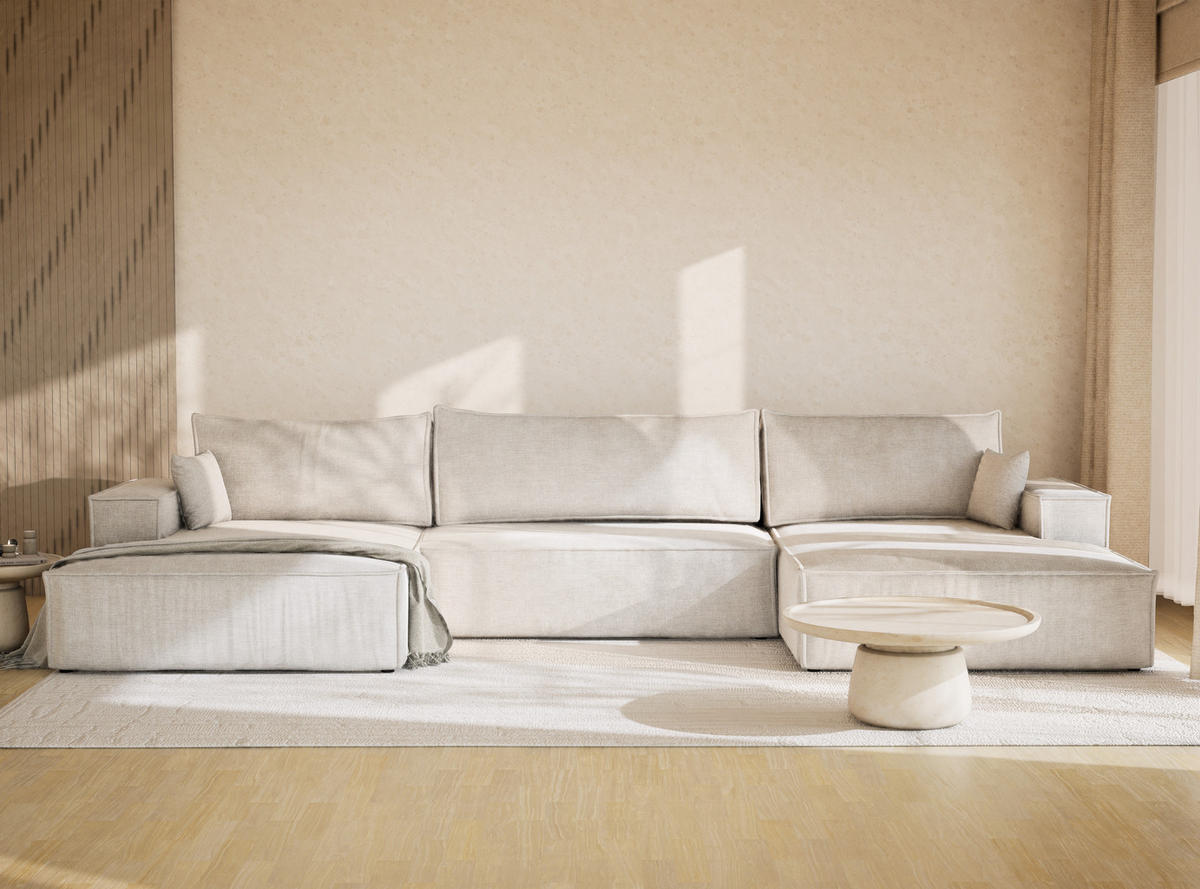 WOHNLANDSCHAFT Kyoto Beige grau Chenille-Stoff - Greige/Schwarz, Holz/Holzwerkstoff (398/70/148cm) - Maison de Reve