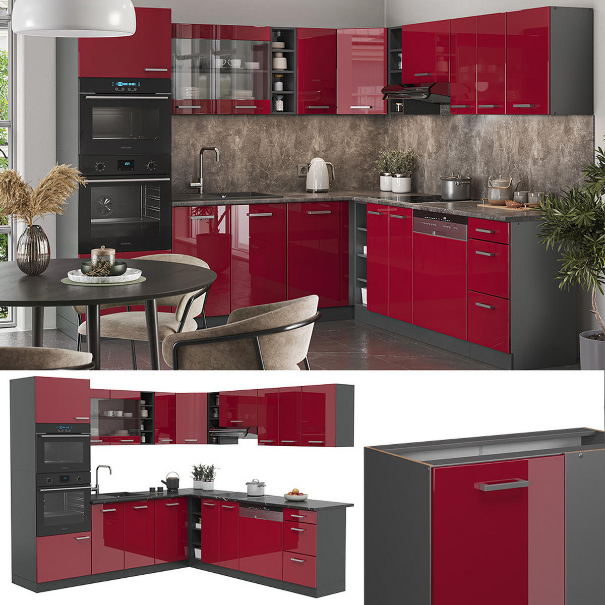 ECKKÜCHE R-Line Rot Hochglanz/Anthrazit 247 x 60 cm , AP Eiche - Anthrazit/Rot, Holzwerkstoff (247/81.6/60cm) - Vicco