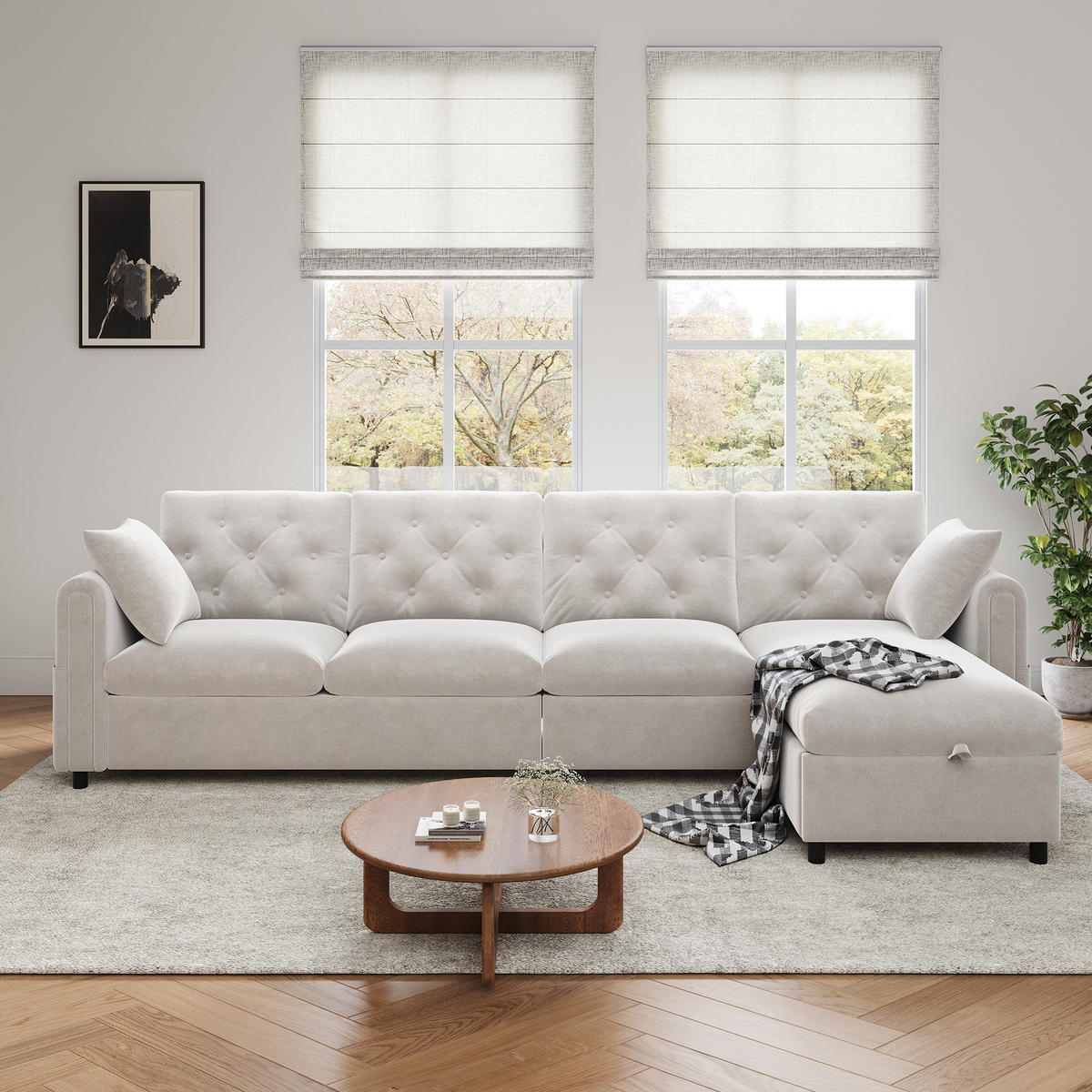 SOFA Beige L-Form Samt Stauraum Armlehne 281cm Knopfheftung - Beige, Textil (132/86/281cm) - FLIEKS