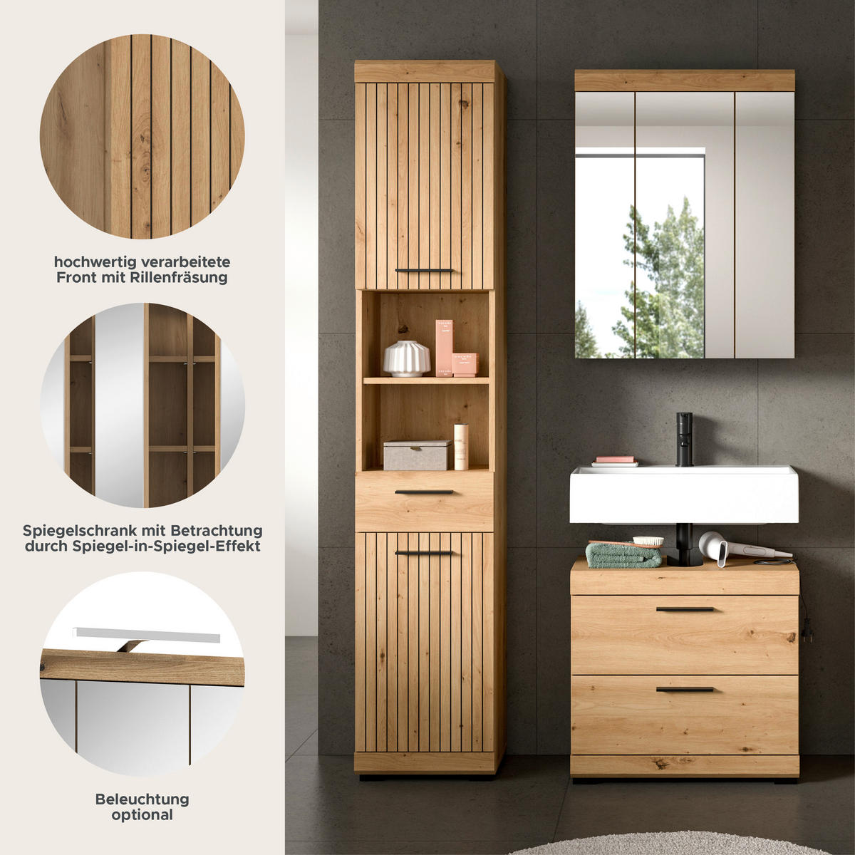 BADEZIMMER Vento 3-tlg. (B/H/T: ca. 112/191/34 cm) in Artisan Eiche /Artisan Eiche - Eiche Artisan, Holz (112/191/34cm)