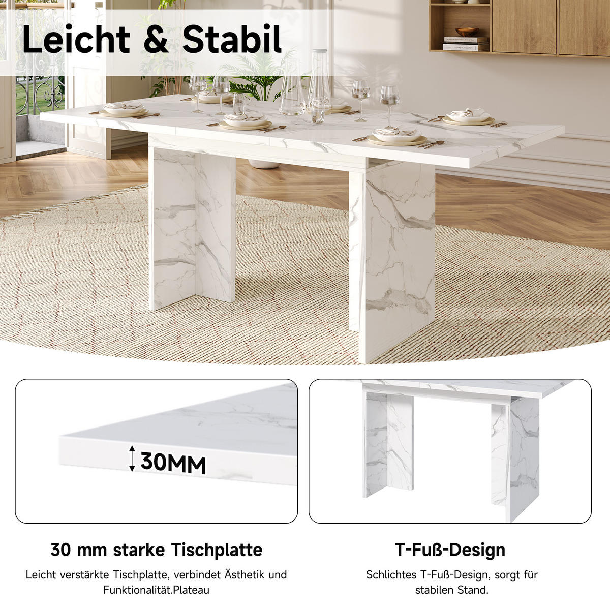 AUSZIEHTISCH 140/180/80 cm White Marble aus MDF mit Untertisch-Aufbewahrung - Weiß, Holzwerkstoff (180/80/75cm) - OKWISH