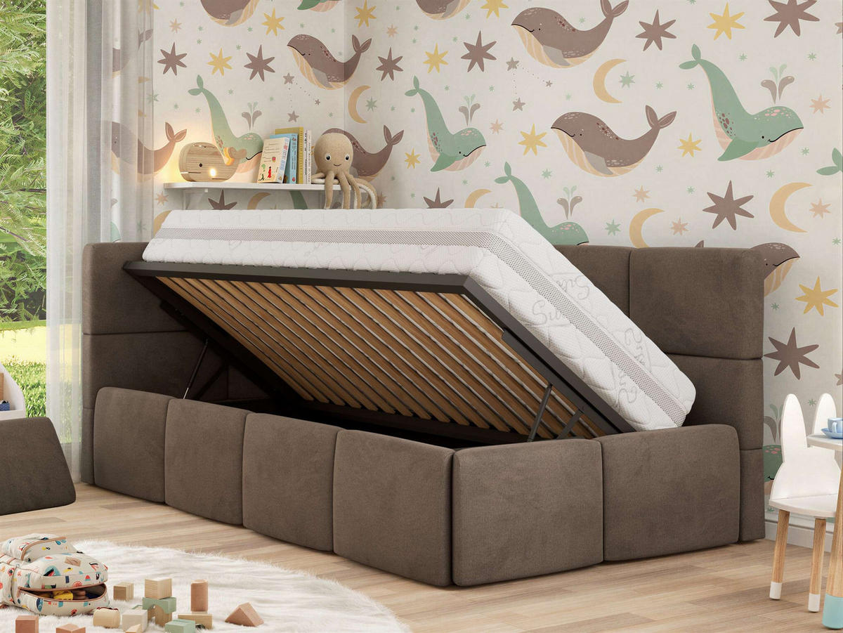 DĚTSKÁ POSTEL ARVO ALTA 90/200 - Hnědá Samet - Vlevo - světle hnědá, textil (90/200cm) - MKS