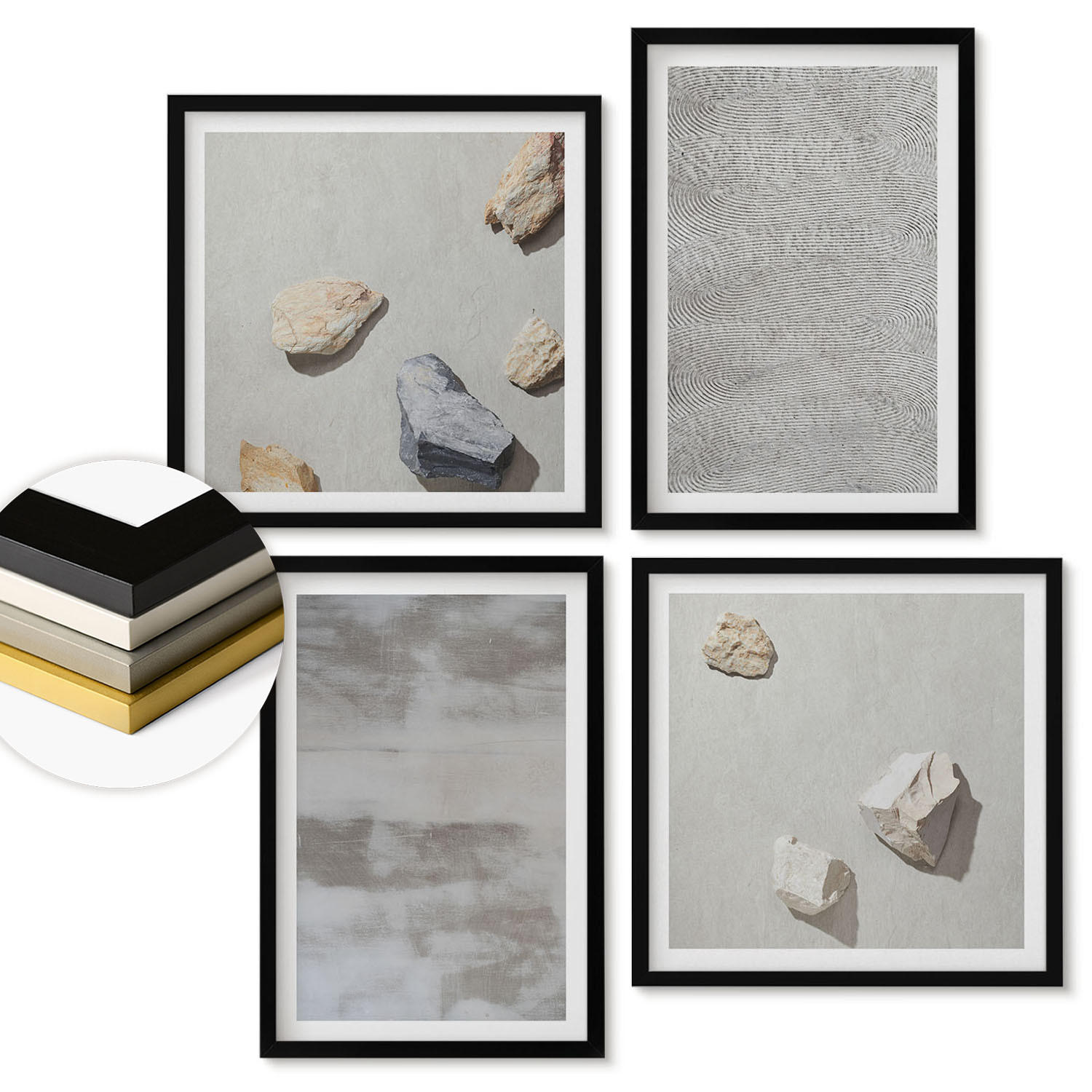 WANDBILDER 4er-Set - 50x50 cm & 40x60 cm Schwarzer Rahmen - Moderne minimalistische Texturen - Schwarz, Kunststoff (50/50cm) - ArtPrintCave