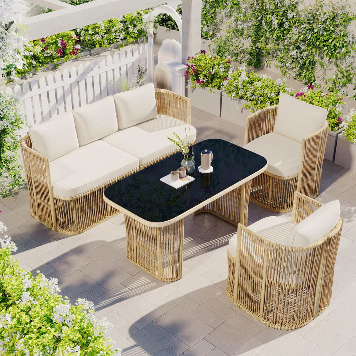 GARTENSET Rattan 4 tlg Sofa Sessel Tisch - Beige, Metall - LEBENLANG