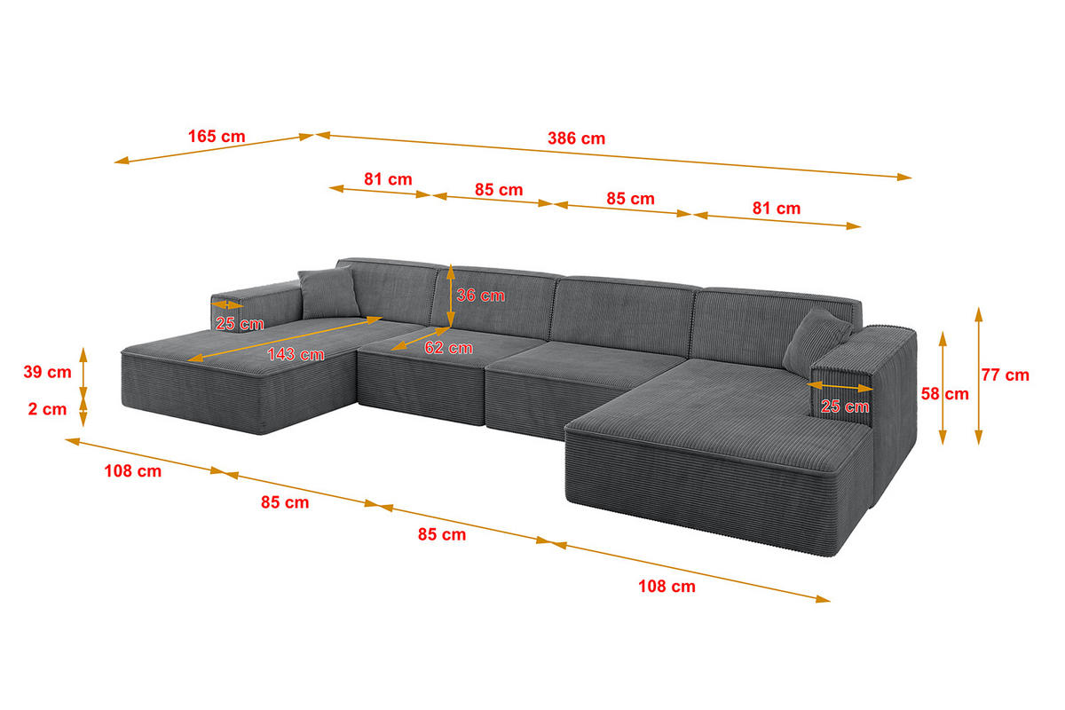 WOHNLANDSCHAFT IREA-U2-v4 - 386x165x77 cm Duneklgrau - Dunkelgrau, Holzwerkstoff/Textil (386/77/165cm) - ALTDECOR
