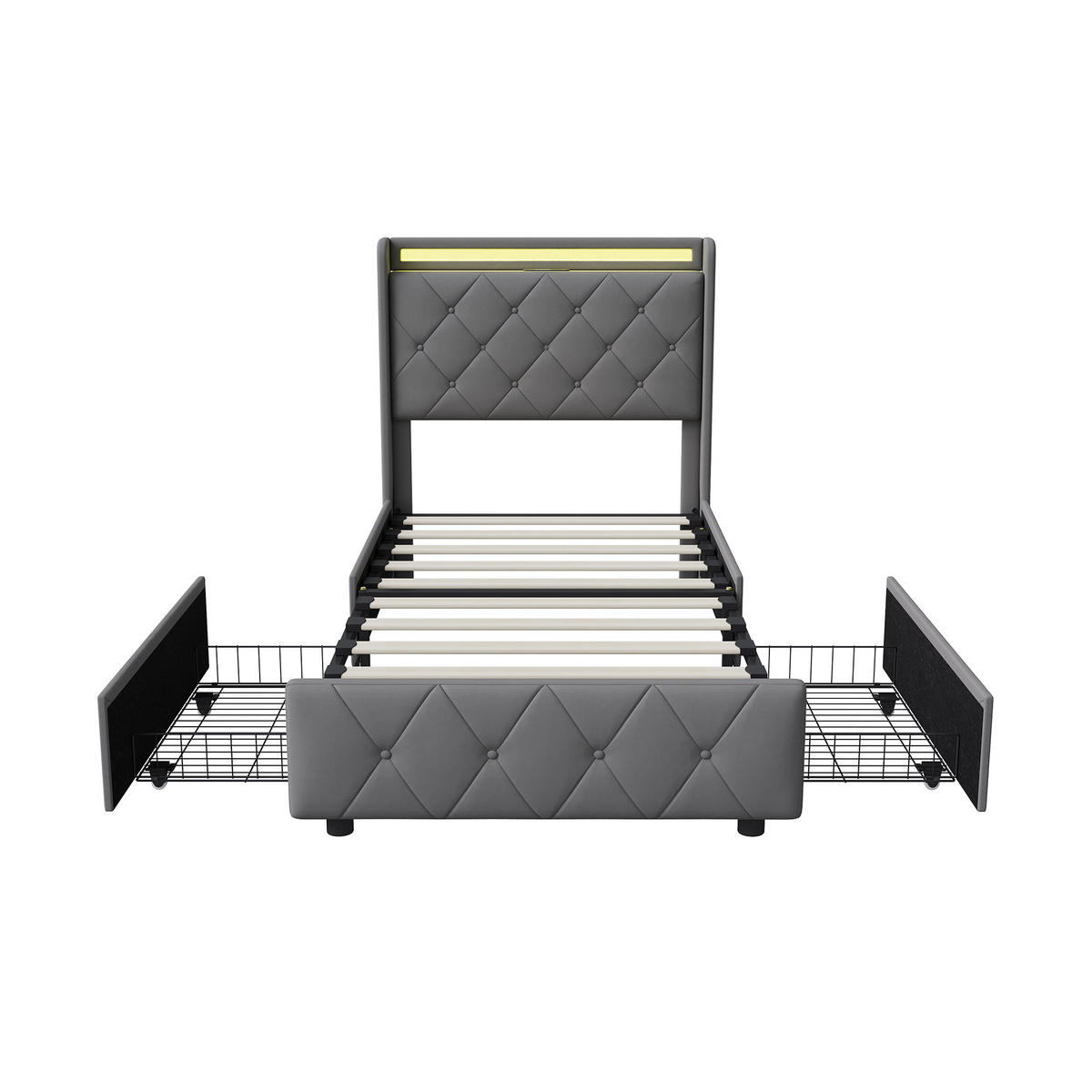 POLSTERBETT 90x200 cm LED USB 2 Schubladen Lattenrost grau - Grau, Holz (90/200cm) - LEBENLANG