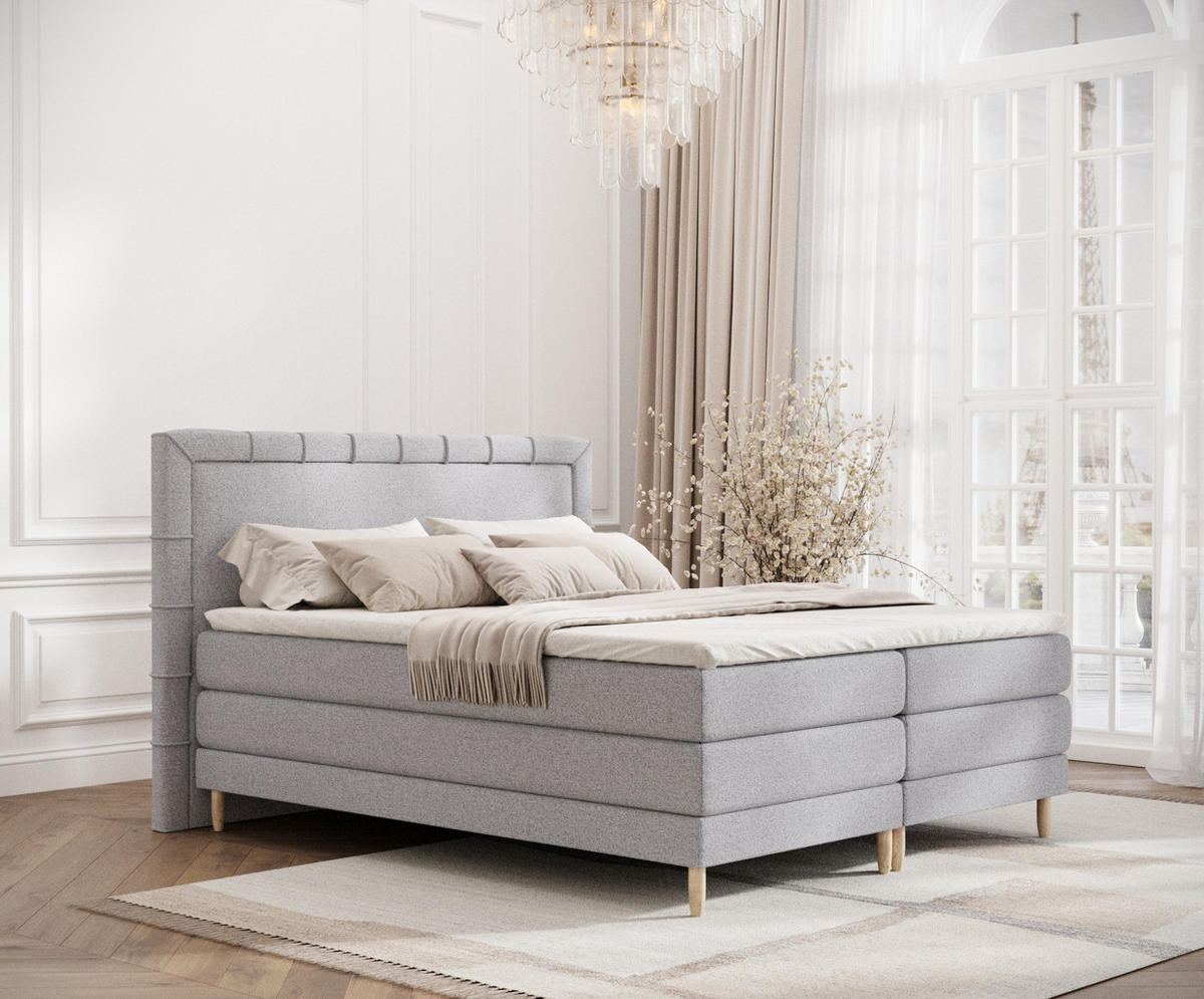 BOXSPRINGBETT Rimini Hellgrau 180/200 cm mit Matratze und Topper - Hellgrau/Naturfarben, Holz/Holzwerkstoff (180/200cm) - Maison de Reve