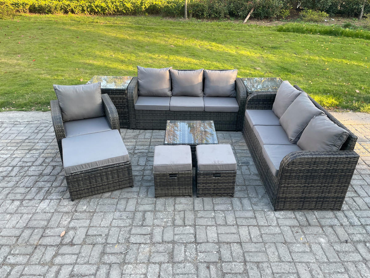 GARTENMÖBEL SET mit 3-SITZER SOFA Polyrattan Dunkelgrau 10-Sitzer - Dunkelgrau/Grau, Glas/Kunststoff - Fimous