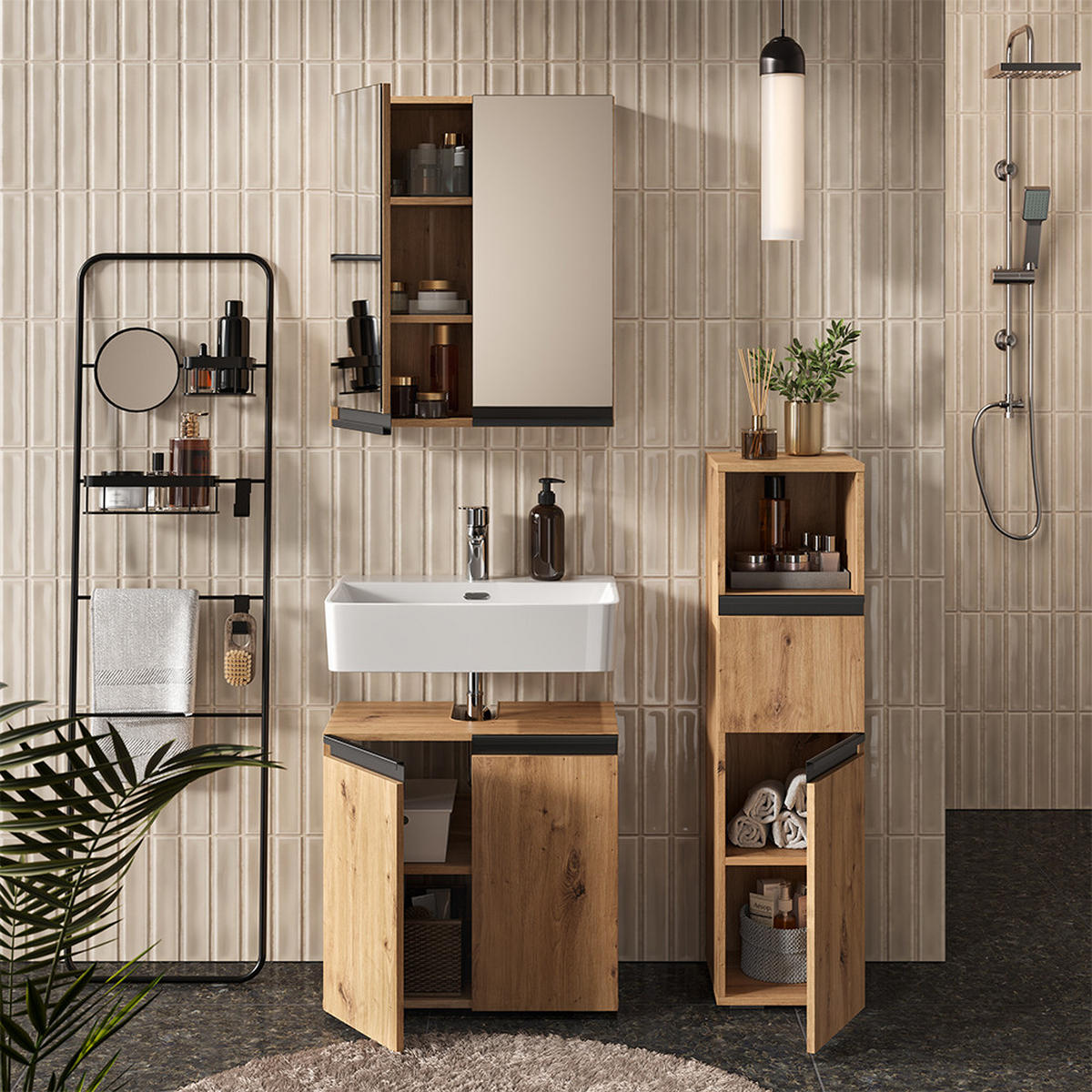 BADMÖBEL-SET Torren Artisan 3 Teile, mit Midischrank - Hellgrau, Holzwerkstoff (60/58/35cm) - Vicco